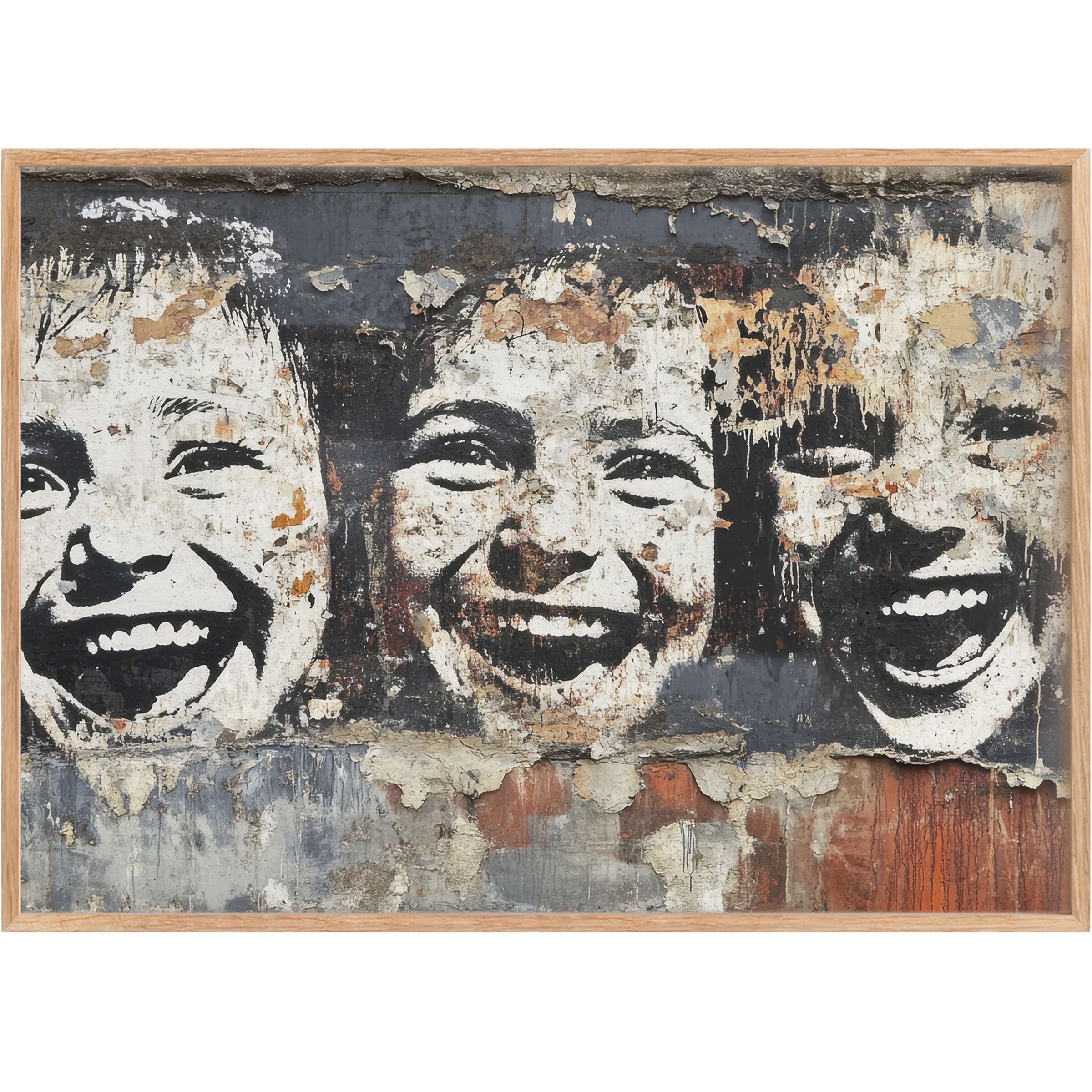 Joyful expressions in worn textures blend warmth and edge for captivating street art printable wall art