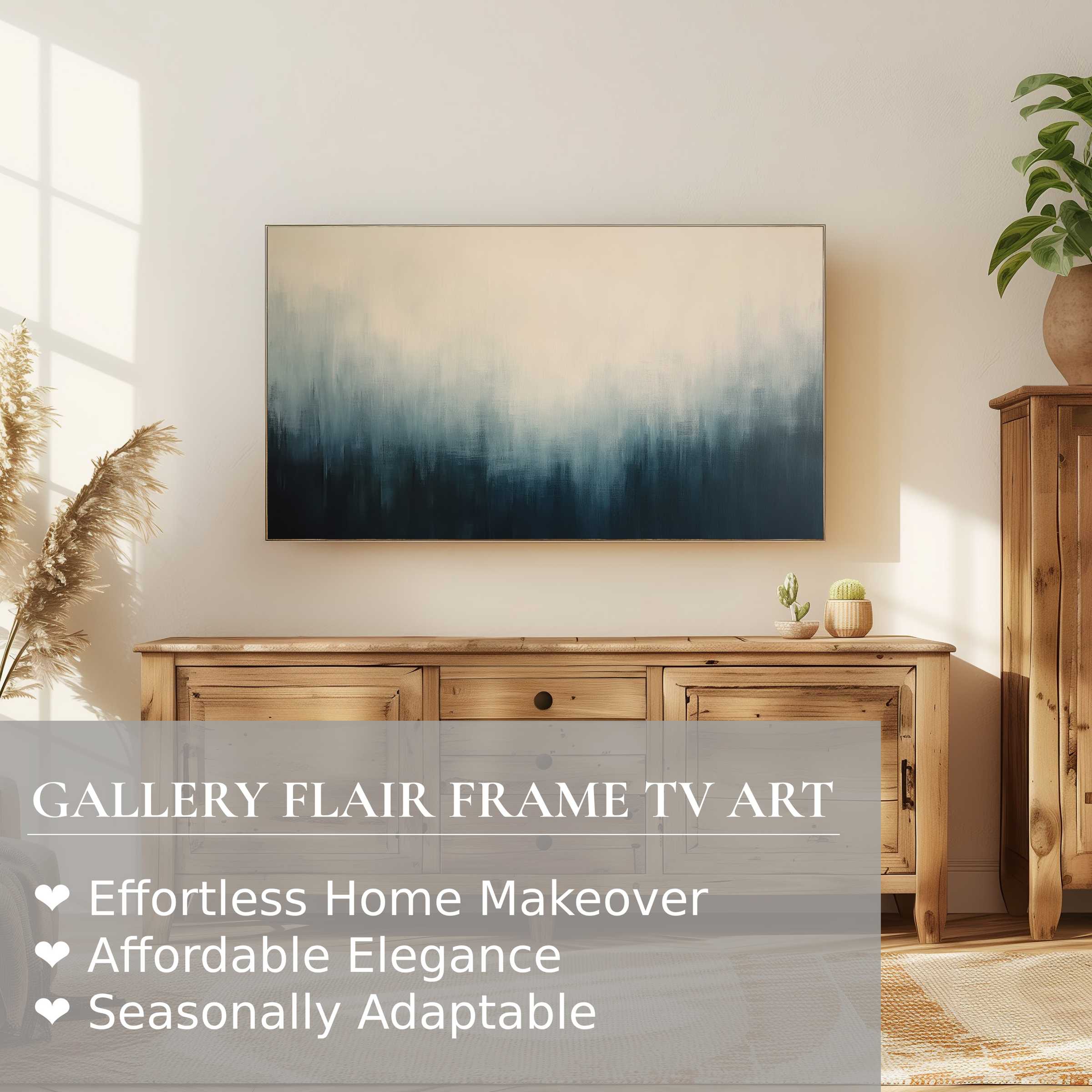 Minimalist living room featuring Samsung Frame TV with modern digital artwork in serene blue gradient