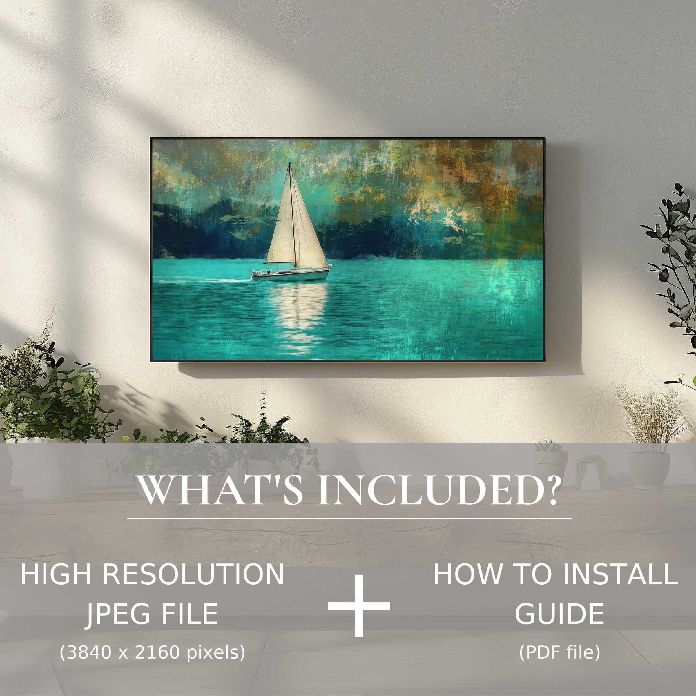 Elegant summer digital TV art download with easy use, enhancing living rooms with vibrant seascape sophistication