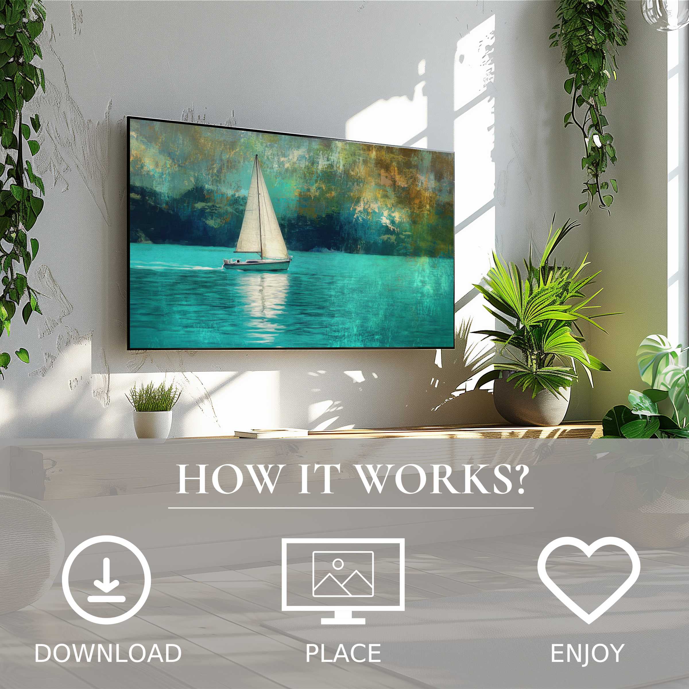 Modern living room with lush plants and summer art for Samsung TV; sailboat motif in soft turquoise hues, easy digital download