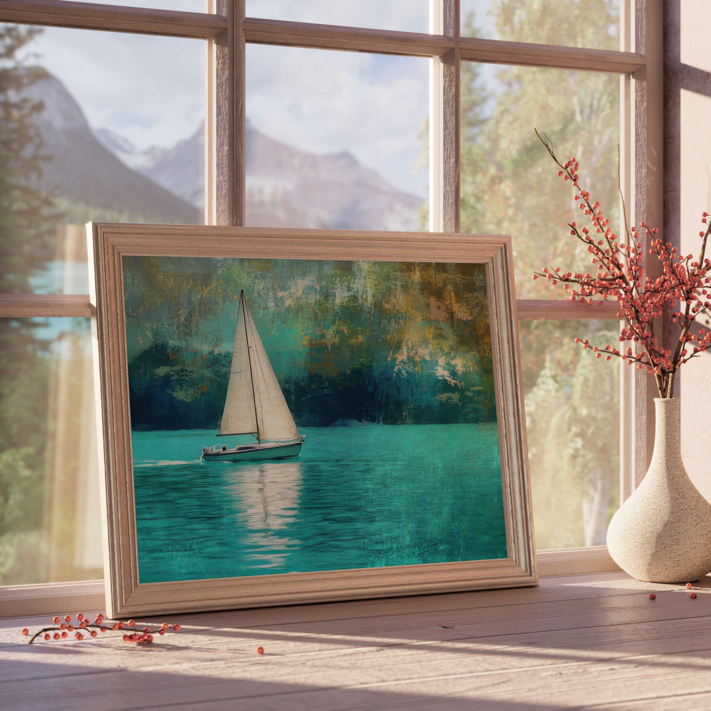 Serene summer downloadable art capturing a sailboat’s tranquil voyage on turquoise waters, enhancing refined coastal interiors