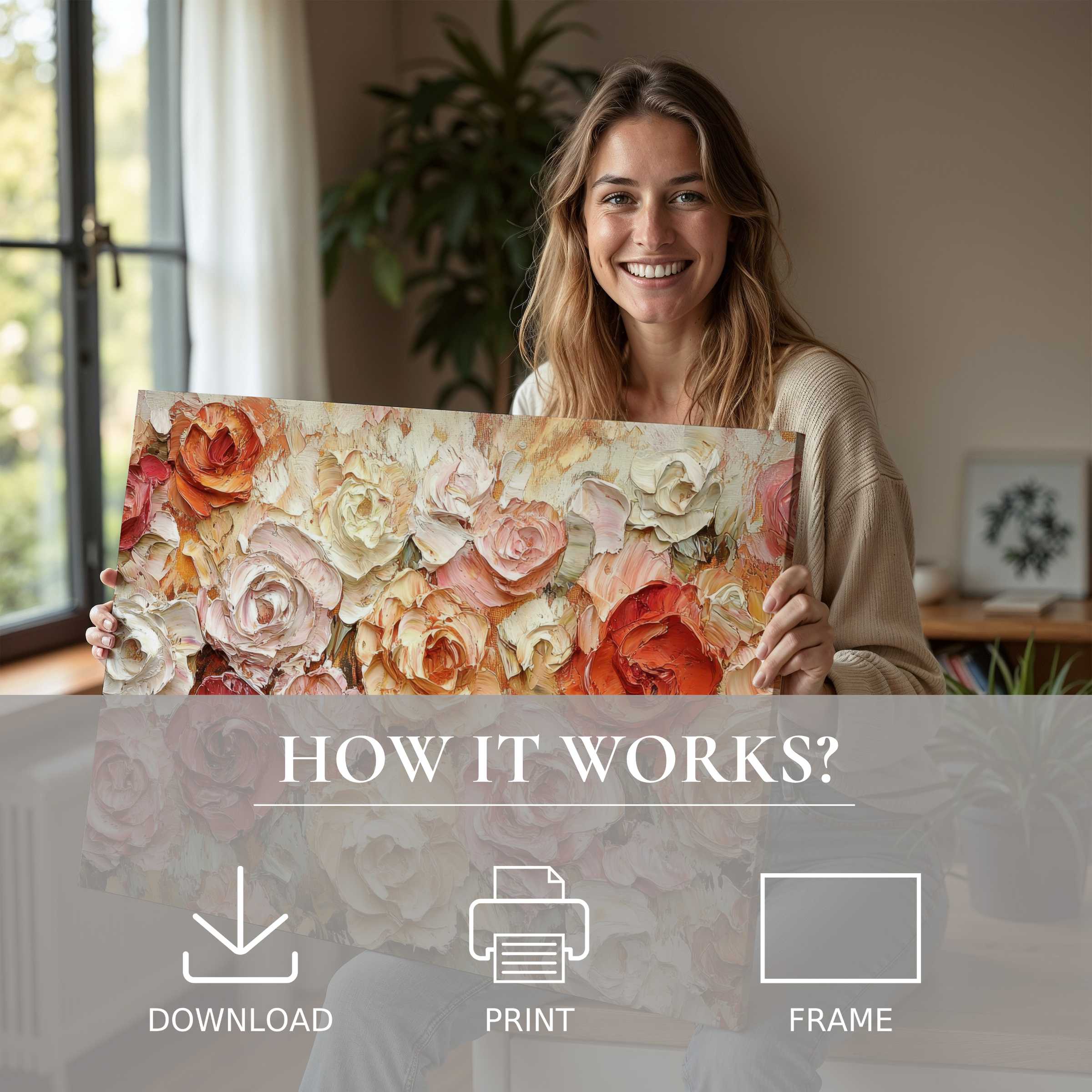 Radiant floral digital art print embodies warmth and joy, transforming modern interiors with effortless elegance and heartfelt connection