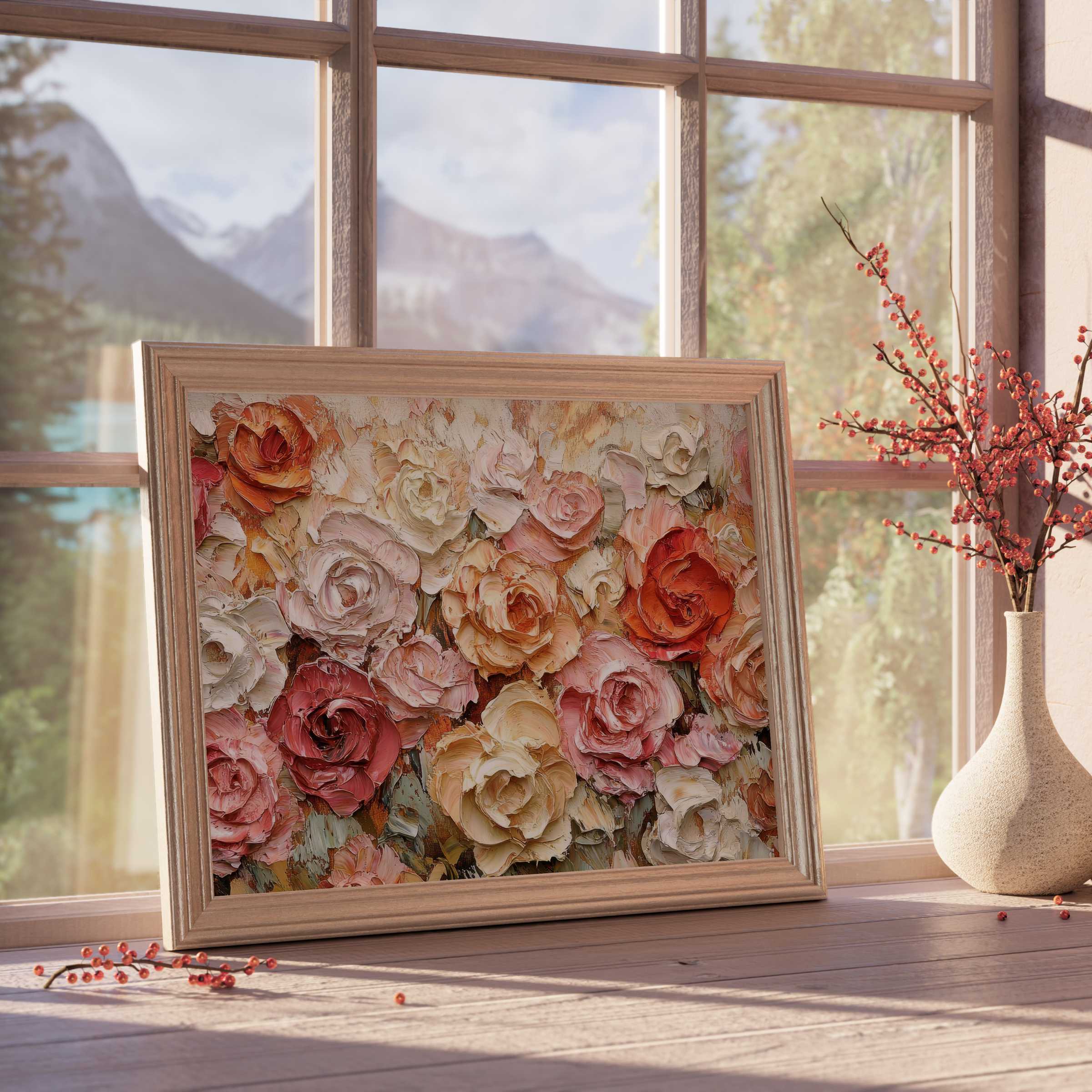 Floral downloadable art radiating warm elegance with textured roses in soft blush, rust, and cream for chic, tranquil interiors