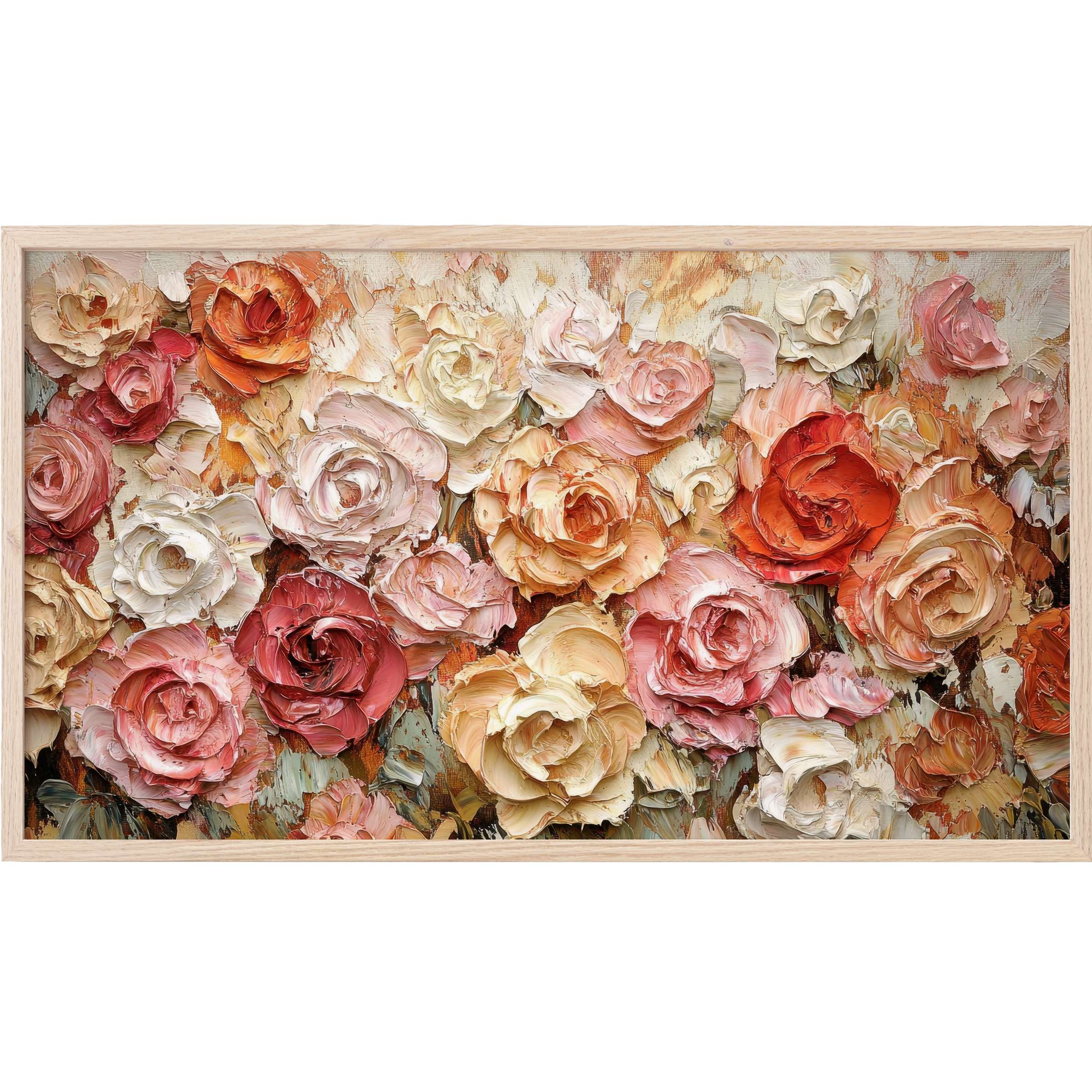 Floral Frame TV Art with textured roses in warm hues of peach, cream, and coral in a modern, elegant style