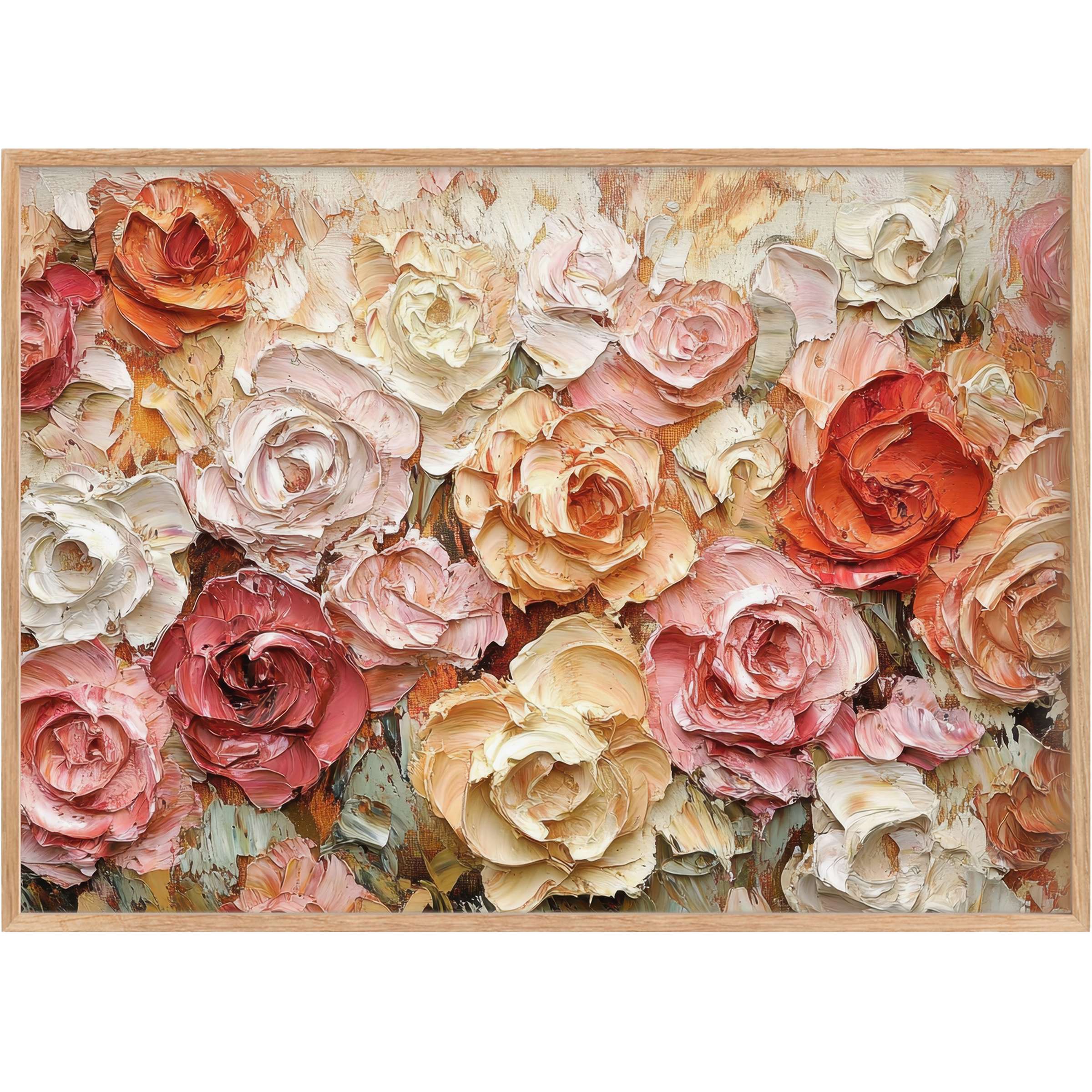 Luxurious floral printable wall art featuring lush roses in warm blush, cream, and terracotta tones, evoking a serene, inviting ambiance