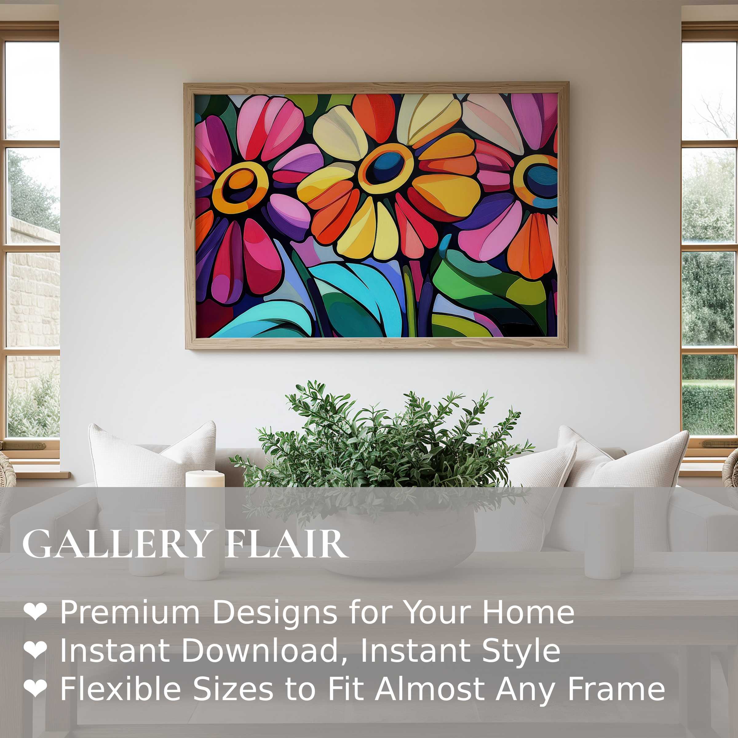 Vibrant pop art wall art print featuring bold floral motifs in rich hues, elevating modern living spaces with contemporary vibrance and dynamic color flair