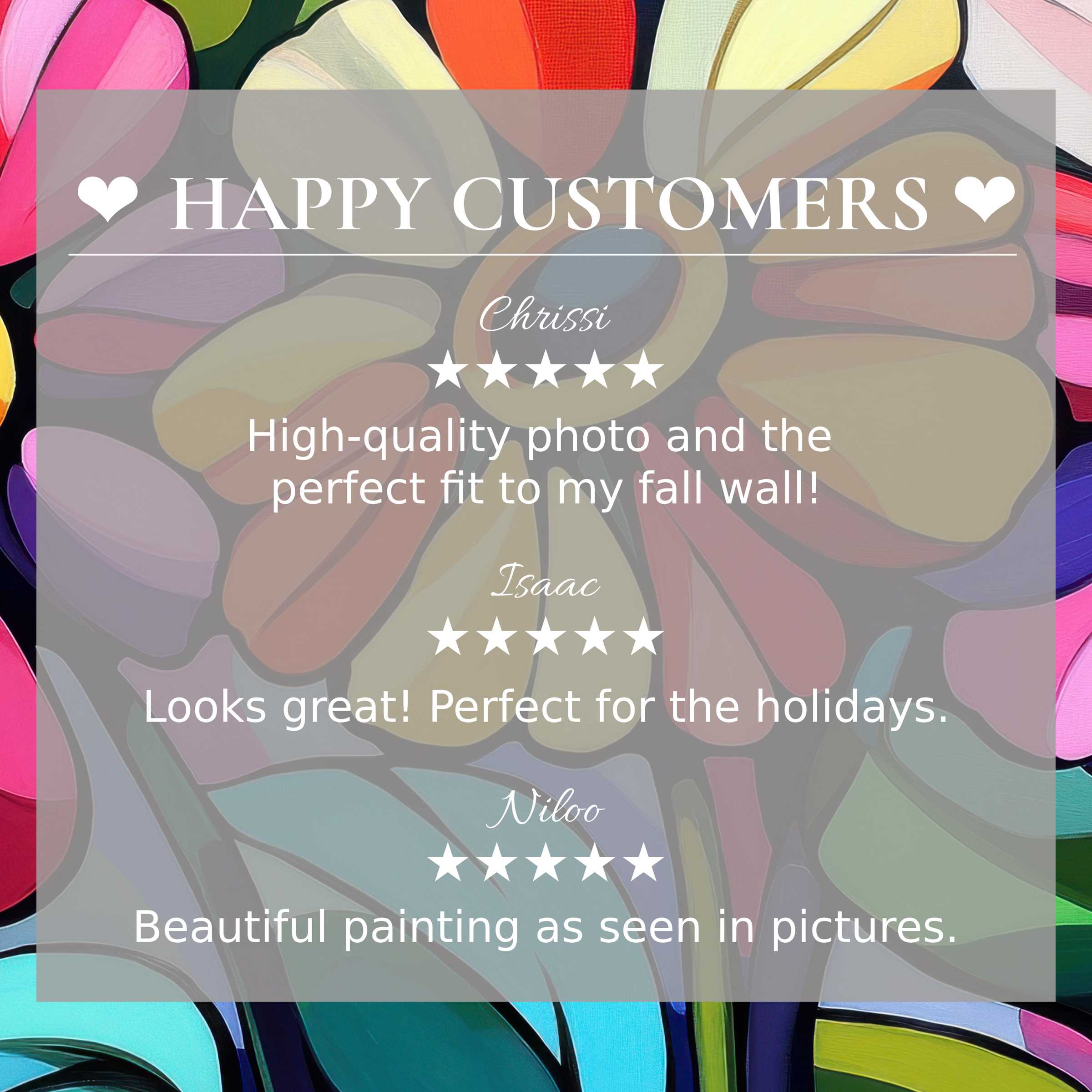 Pop art for Frame TV with abstract sunset colors, showcasing happy customer reviews and elegant design trust
