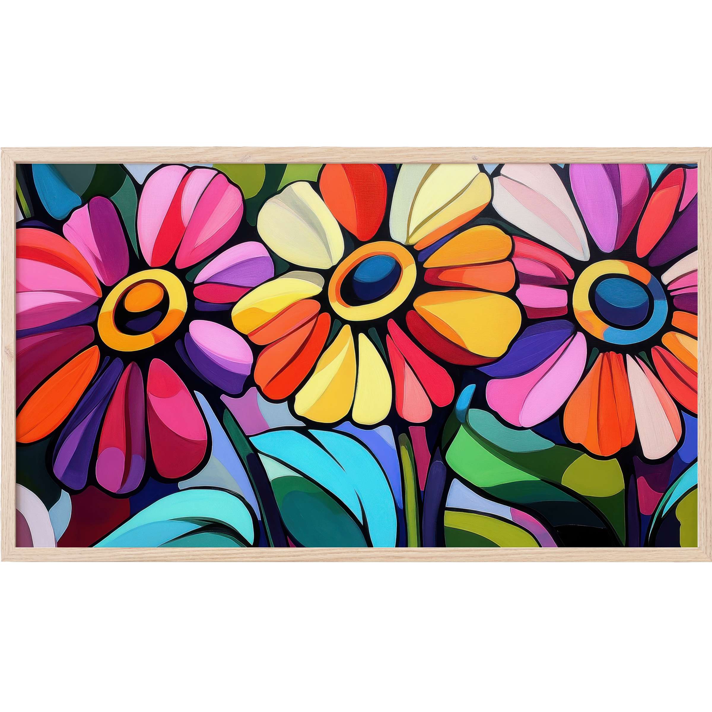 Vibrant floral composition with bold colors and dynamic shapes in pop art Frame TV Art style for stylish interiors