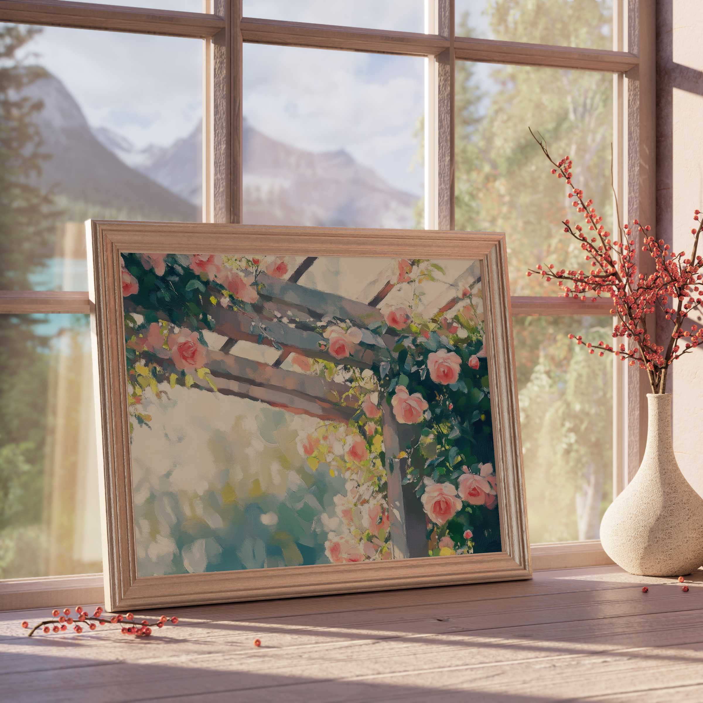 Spring downloadable art featuring delicate roses climbing a sunlit pergola, evoking serene elegance in curated interiors