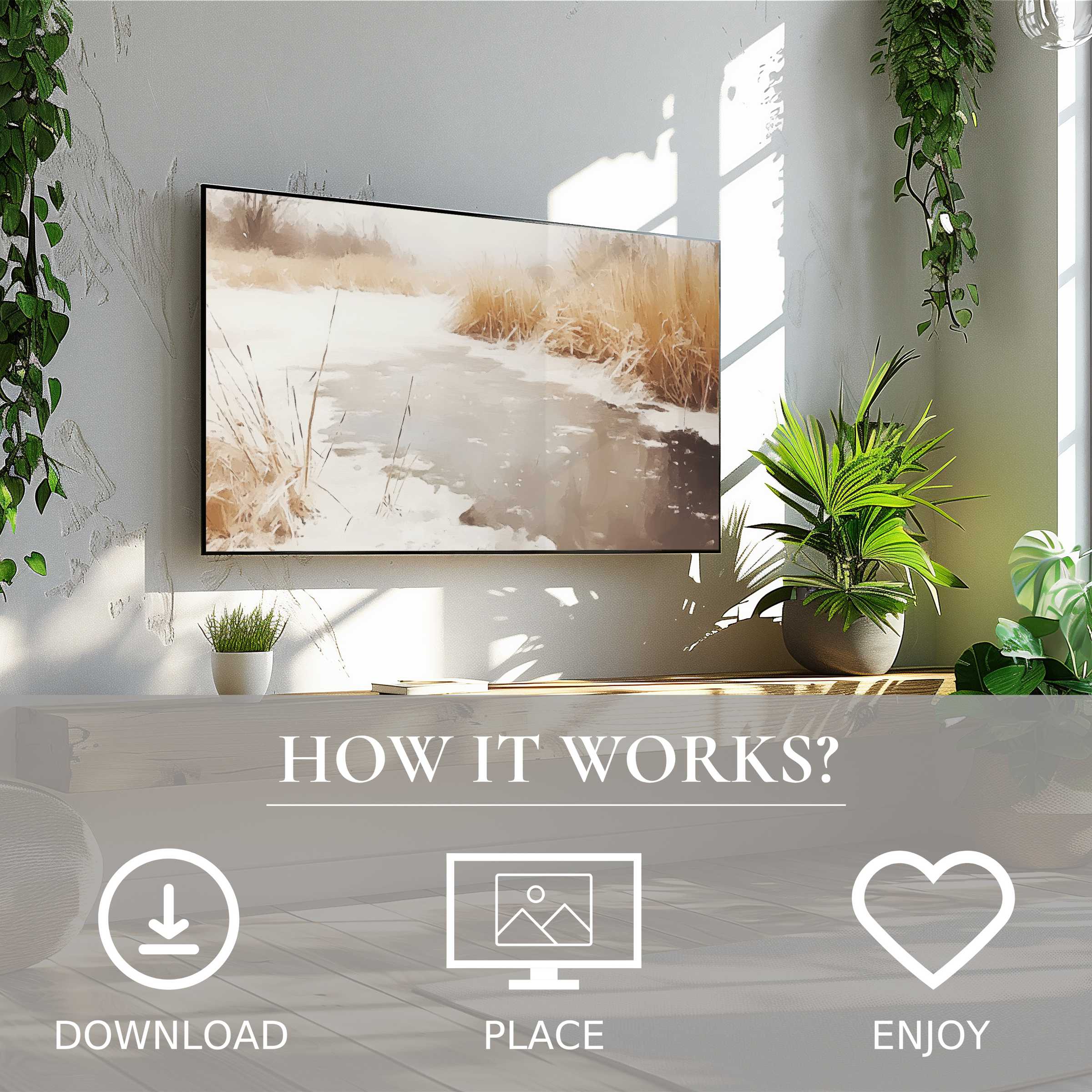 Winter art for Samsung TV shows soft winter tones on Frame TV, simple digital download enhances modern living space