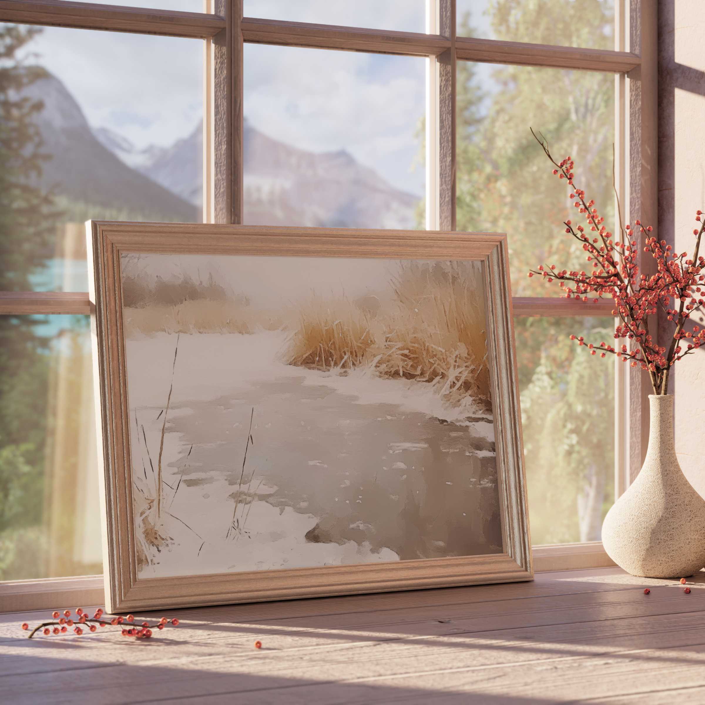 Winter downloadable art capturing serene frozen wetlands with warm ochre reeds, perfect for curated, tranquil, design-forward interiors