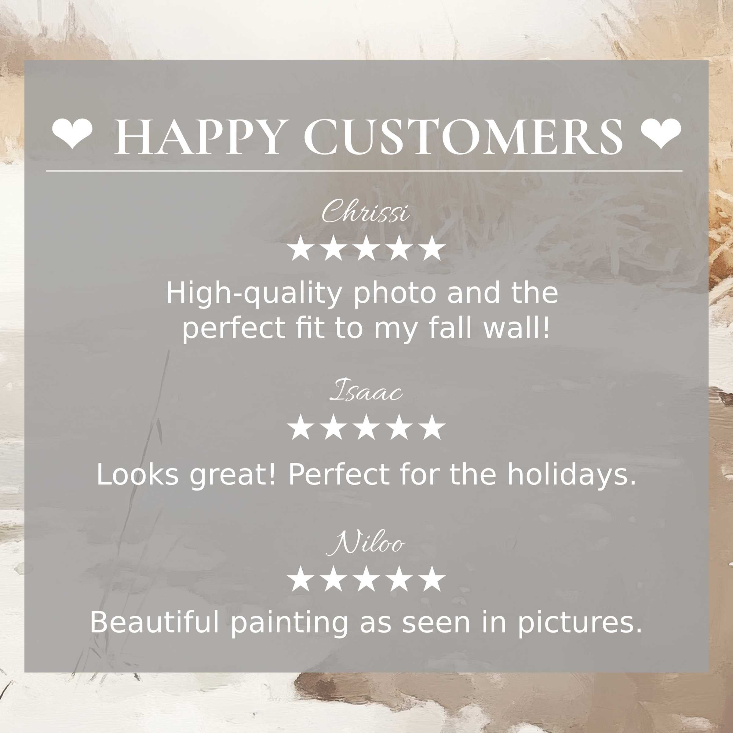 Winter art for Frame TV with abstract neutral tones, showcasing happy customer reviews and refined, trusted design
