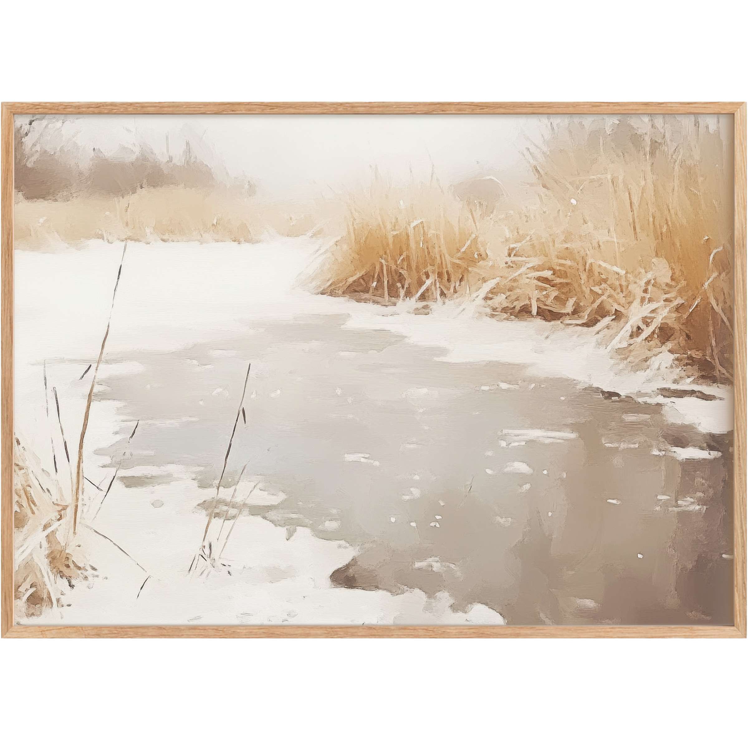 Winter printable wall art capturing a serene snowy pond with soft beige reeds, evoking calm warmth and understated elegance