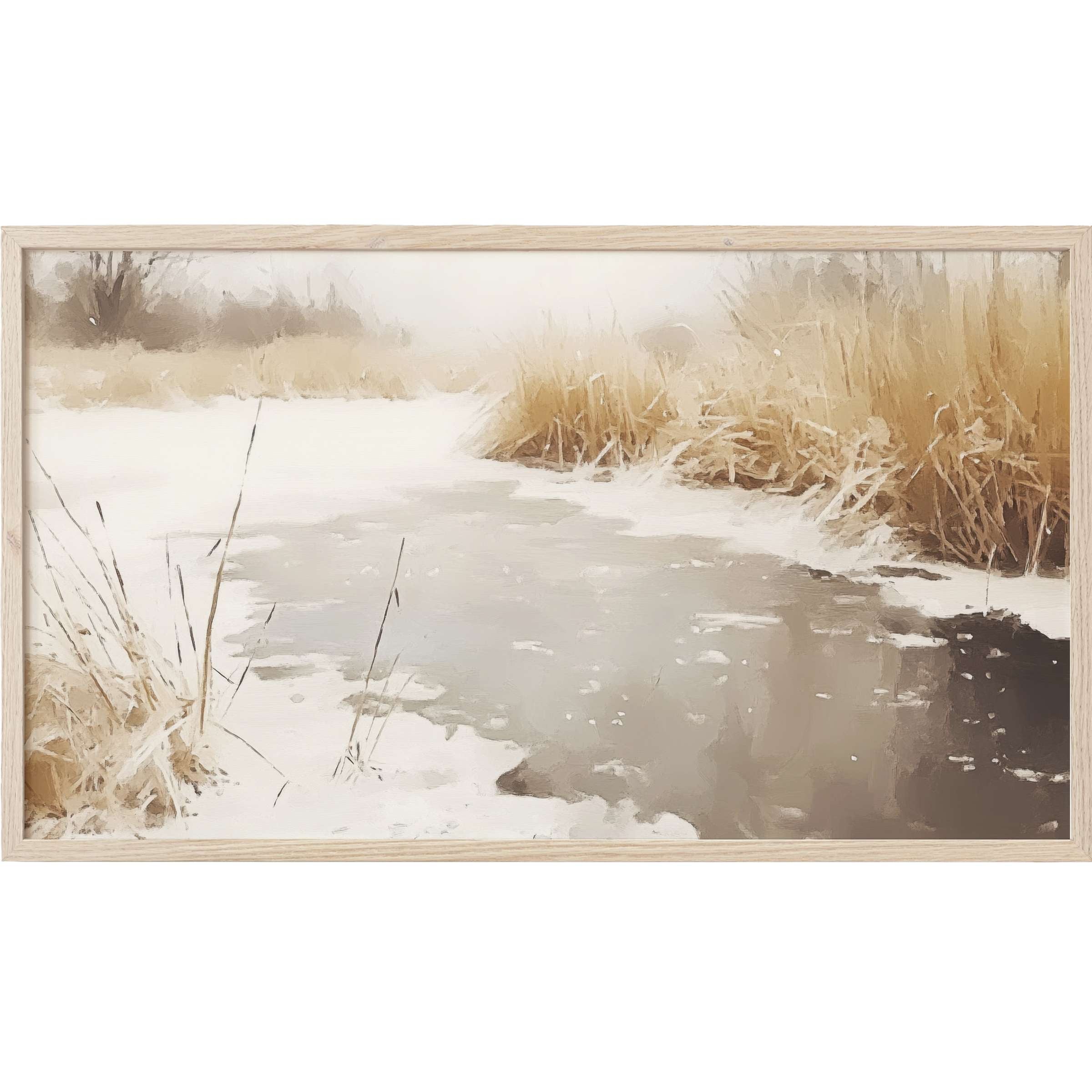 Winter Frame TV Art depicting a serene frozen stream with soft beige and muted gray hues in minimalist style