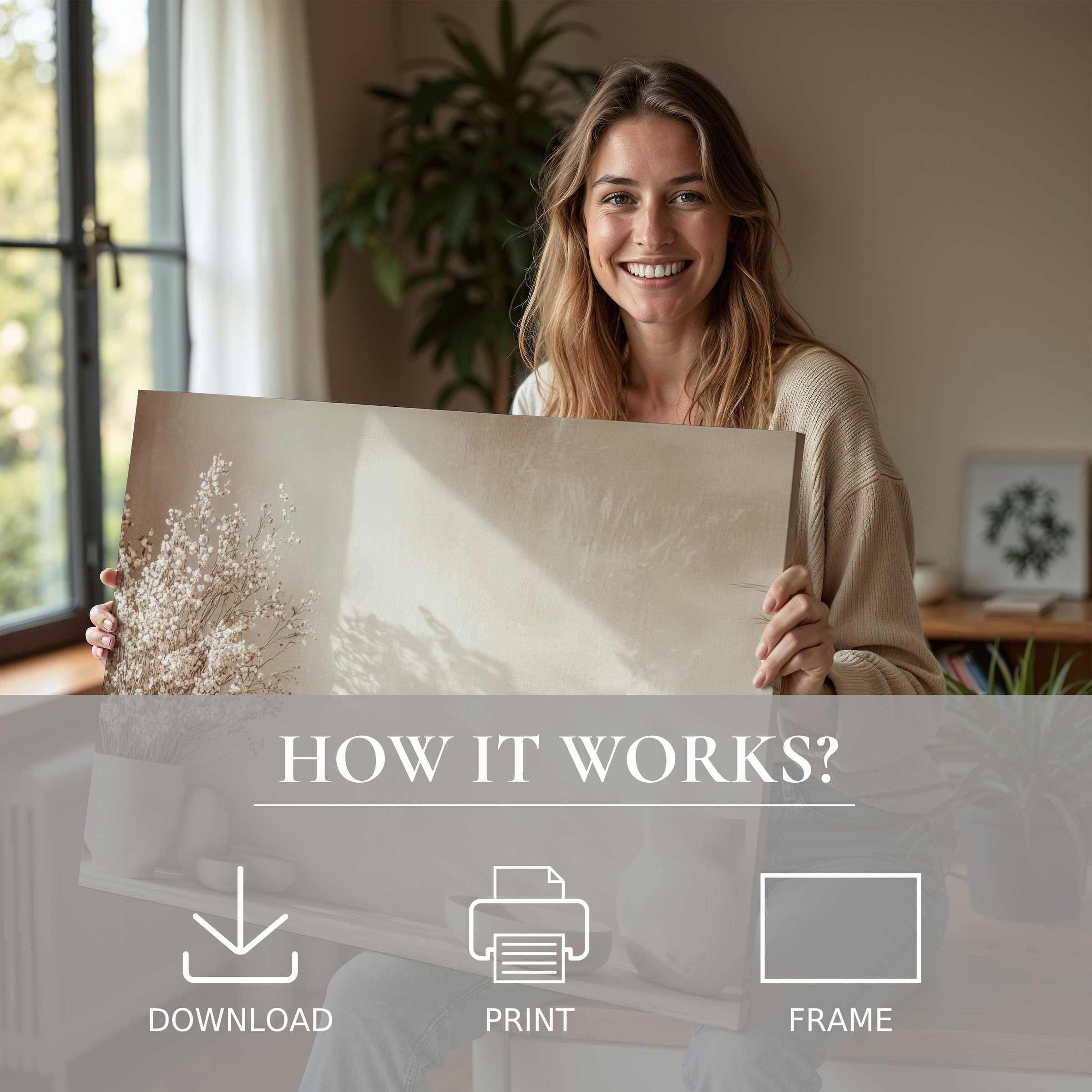 A radiant moment of connection and joy as a woman embraces a boho digital art print in her serene, sunlit modern home