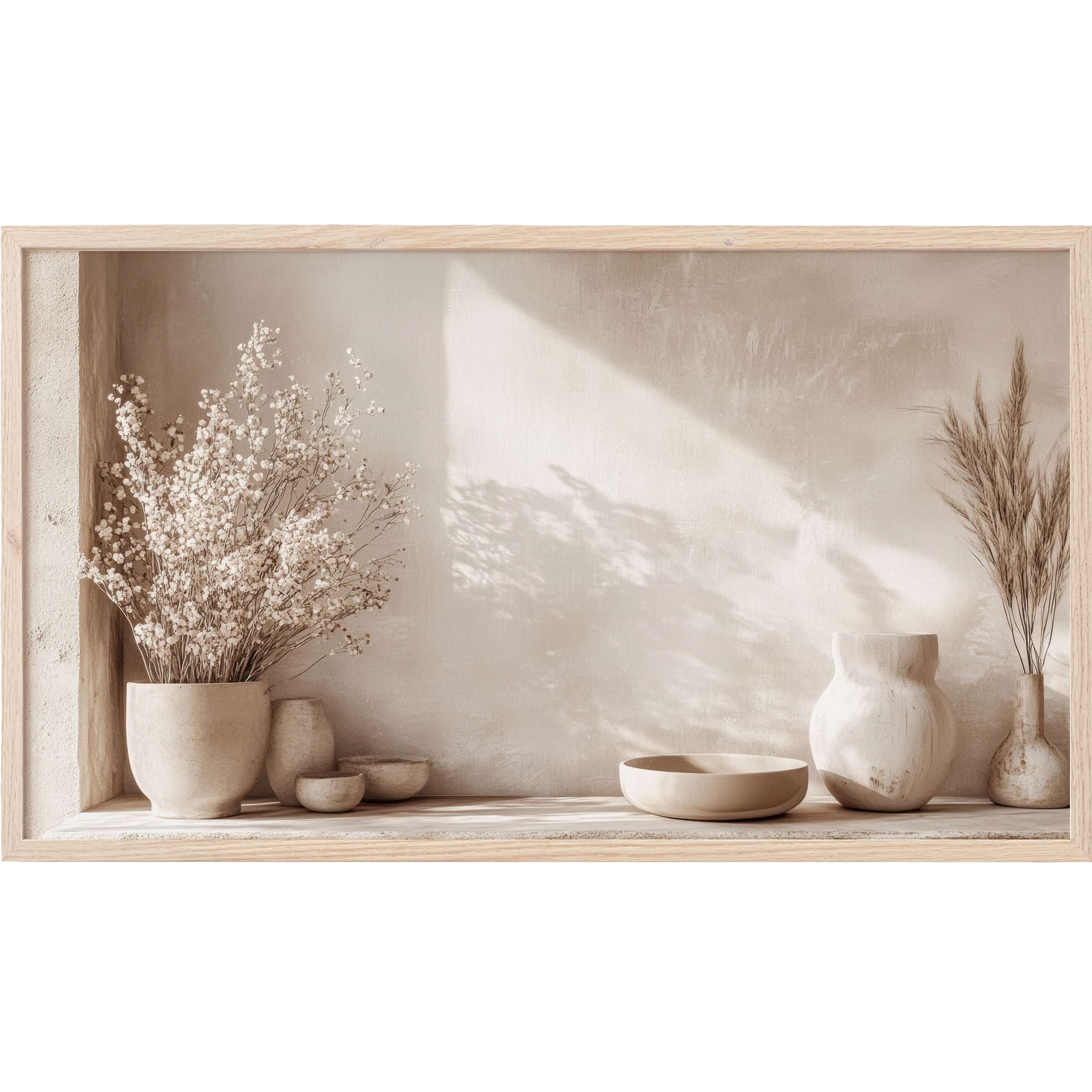 Minimalist boho Frame TV Art with neutral ceramics, delicate dried florals, and soft earthy beige tones