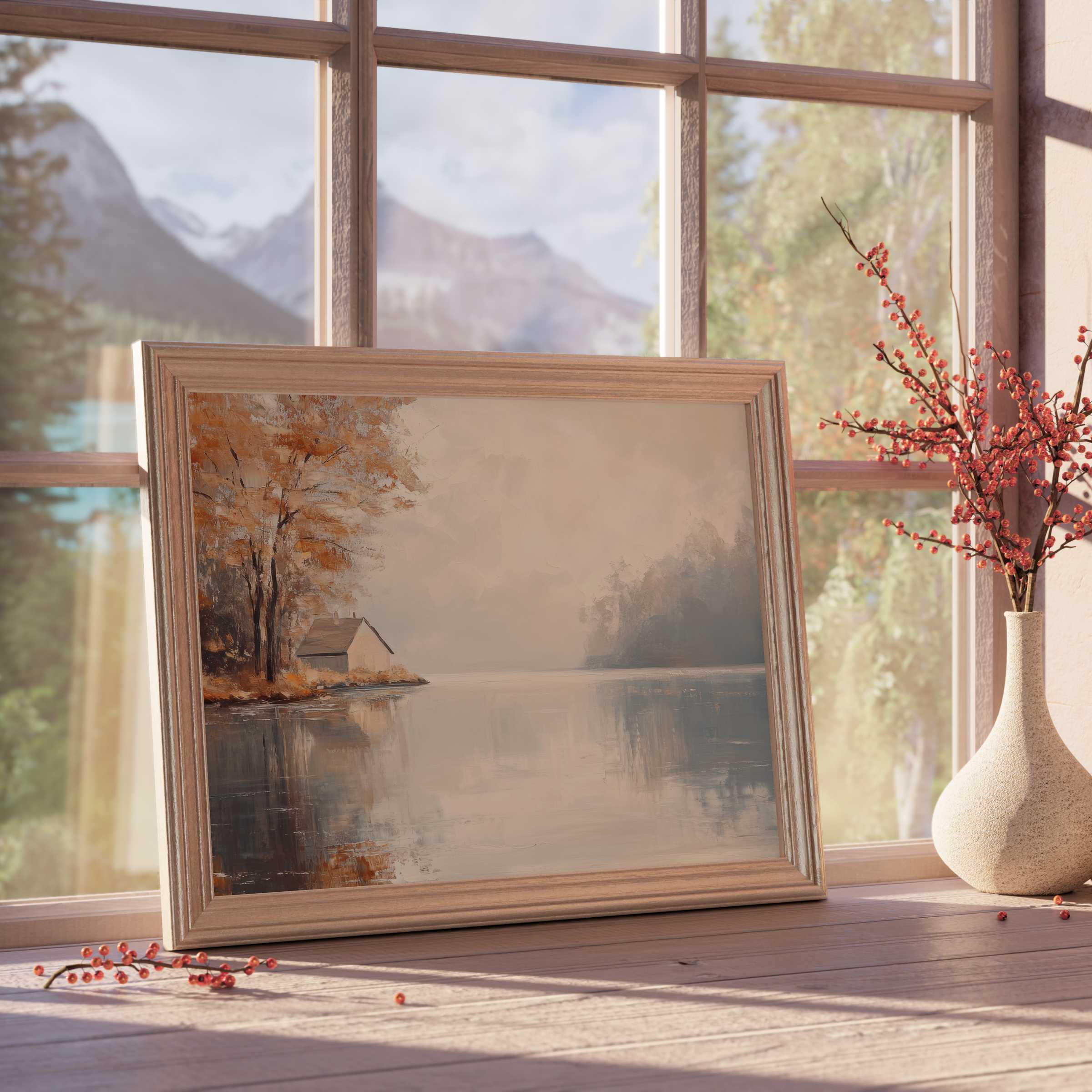 Fall downloadable art capturing a serene lakeside cabin framed by amber foliage, infusing tranquil warmth into curated interiors