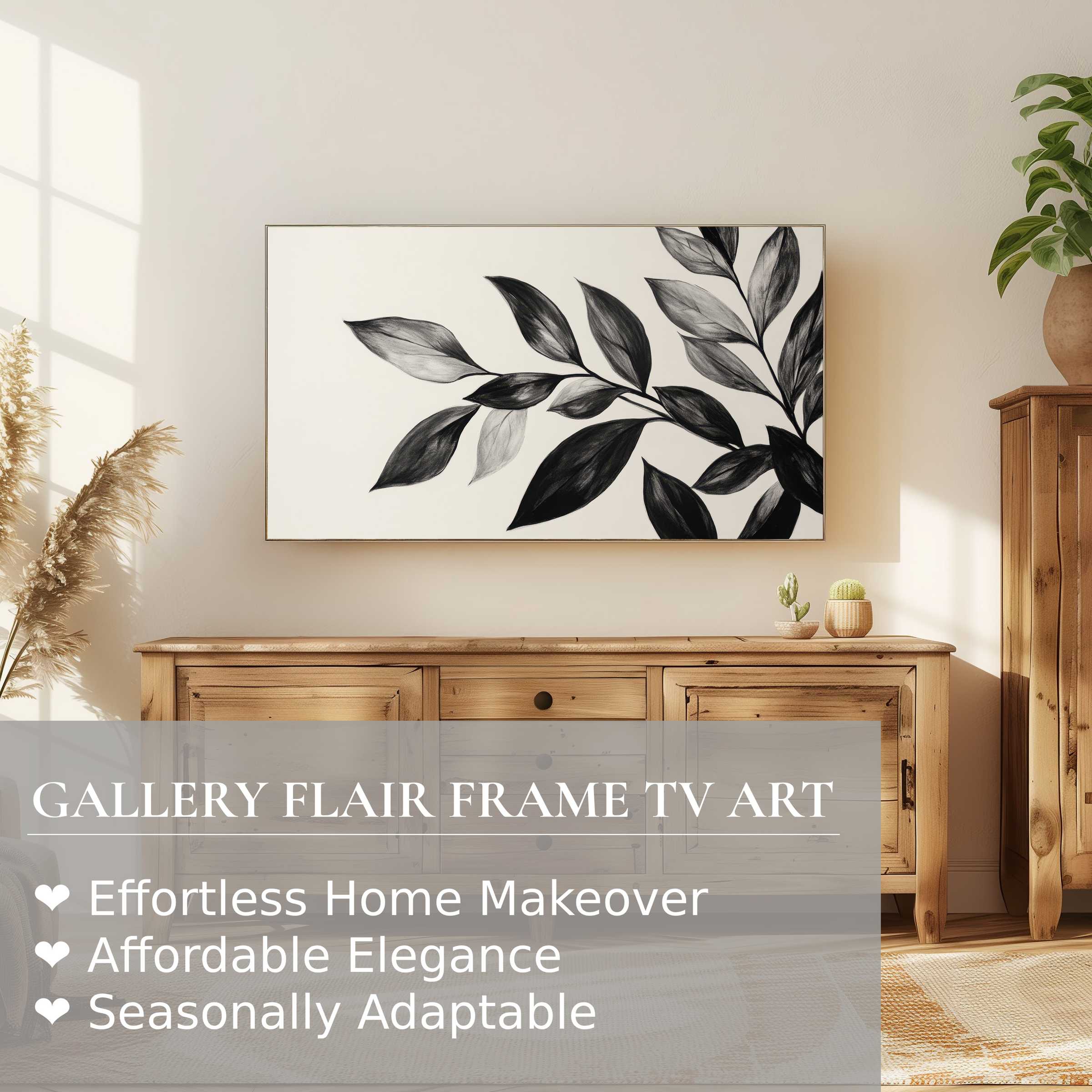 Samsung Frame TV displays elegant black and white digital artwork of leaves in a serene, modern living space