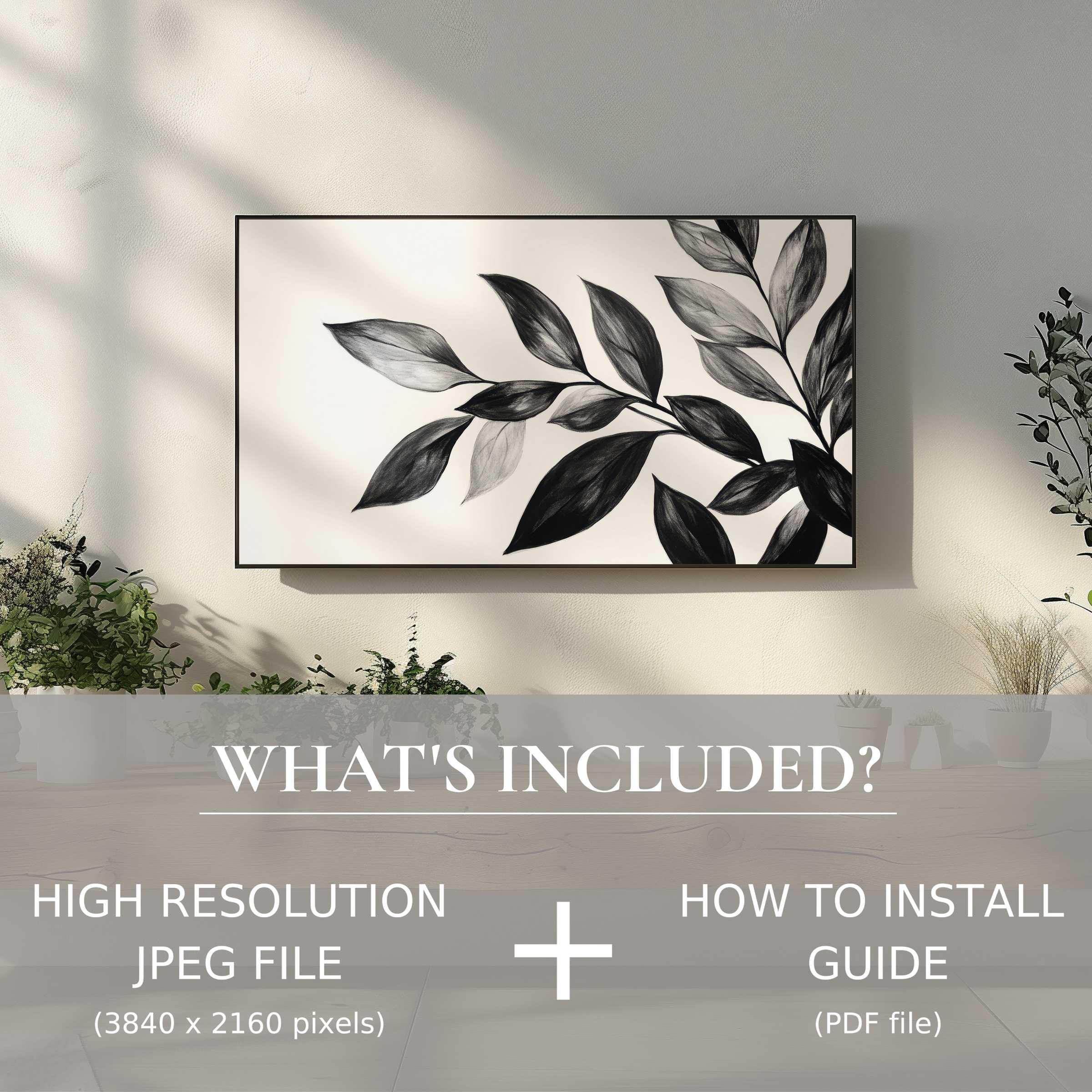 Elegant black and white digital TV art download, enhancing living spaces with easy digital use and modern style
