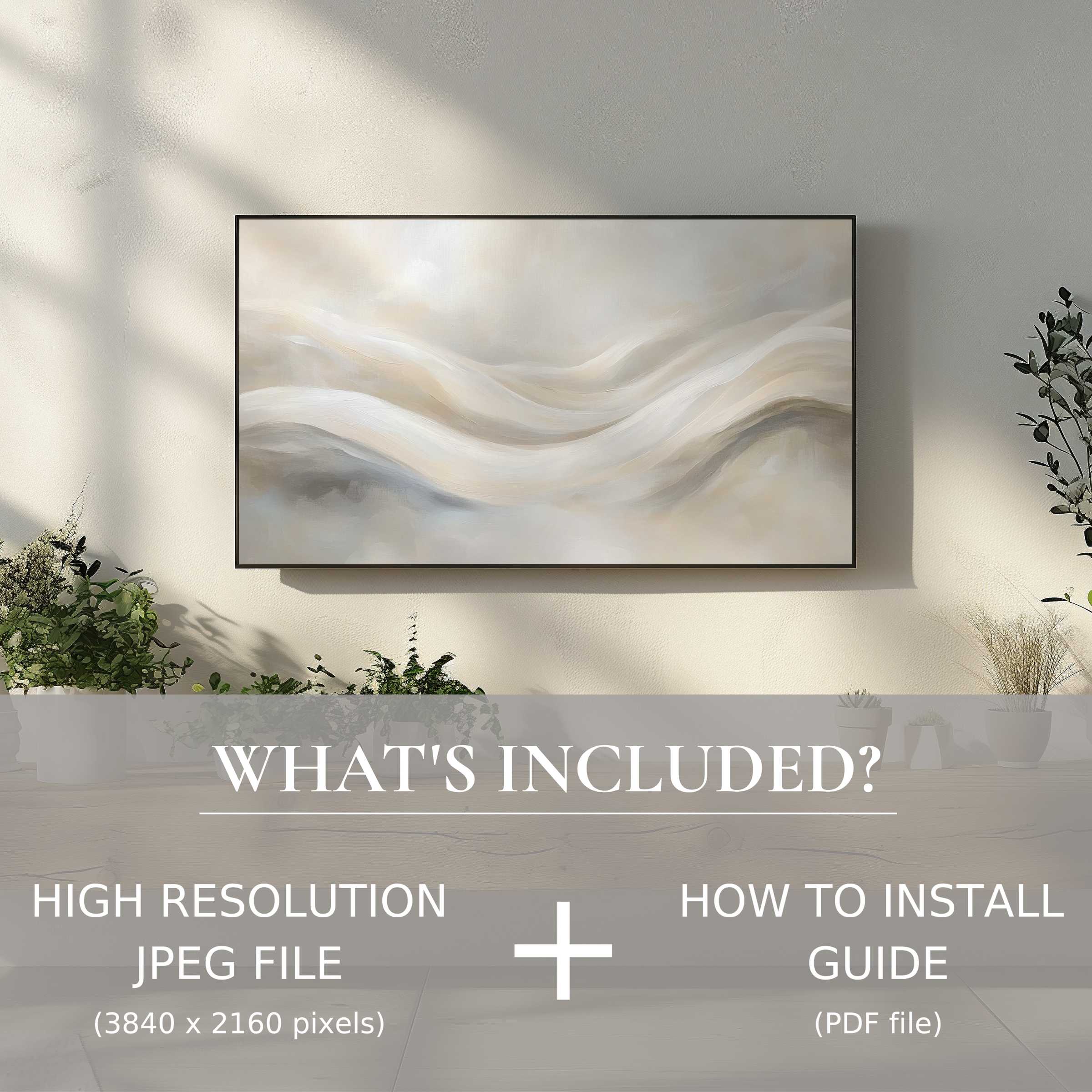Elegant neutral digital TV art download, easy to use, elevates any modern living space with subtle style and grace