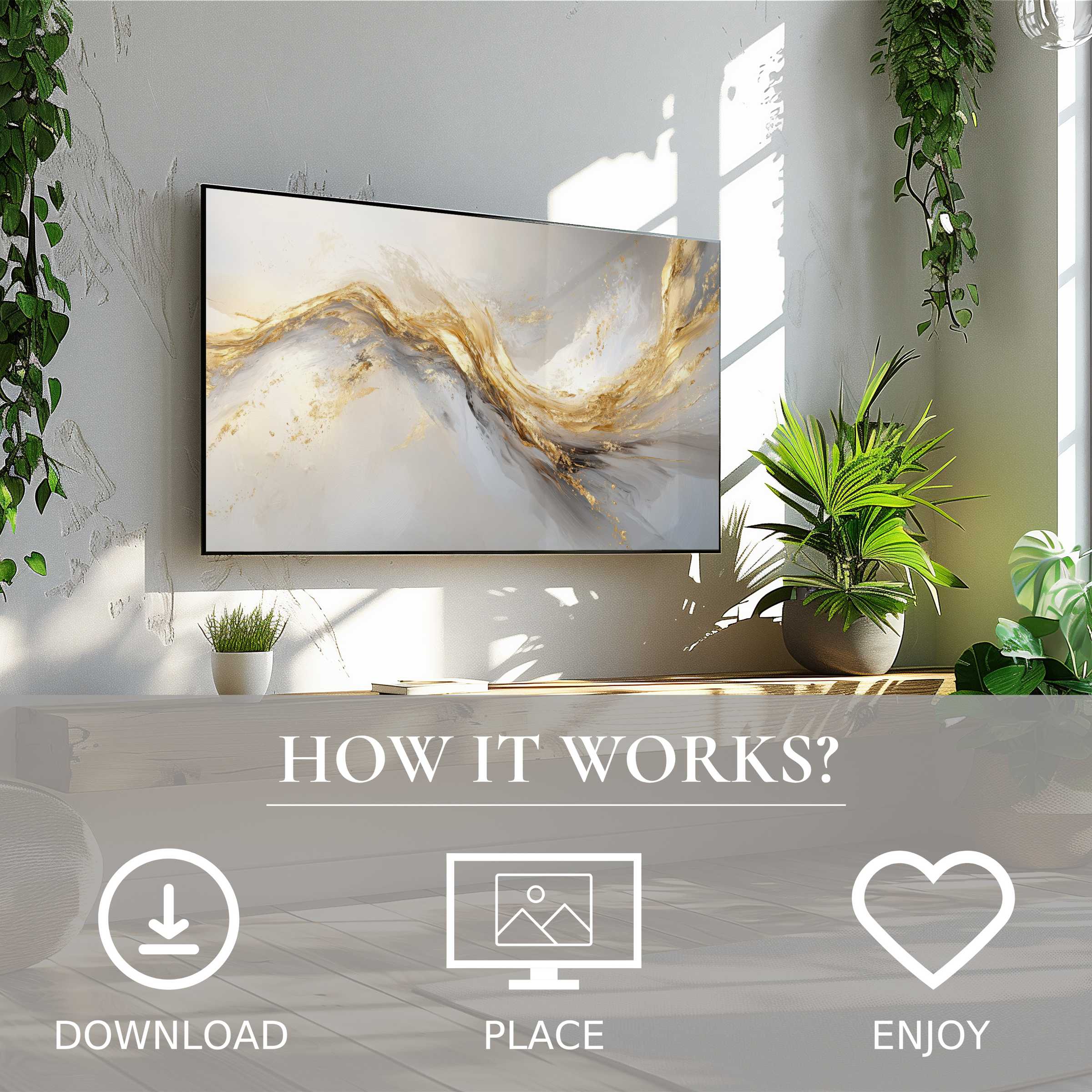 Abstract art for Samsung TV with warm gold flow on Frame TV, easy digital download enriches stylish living spaces