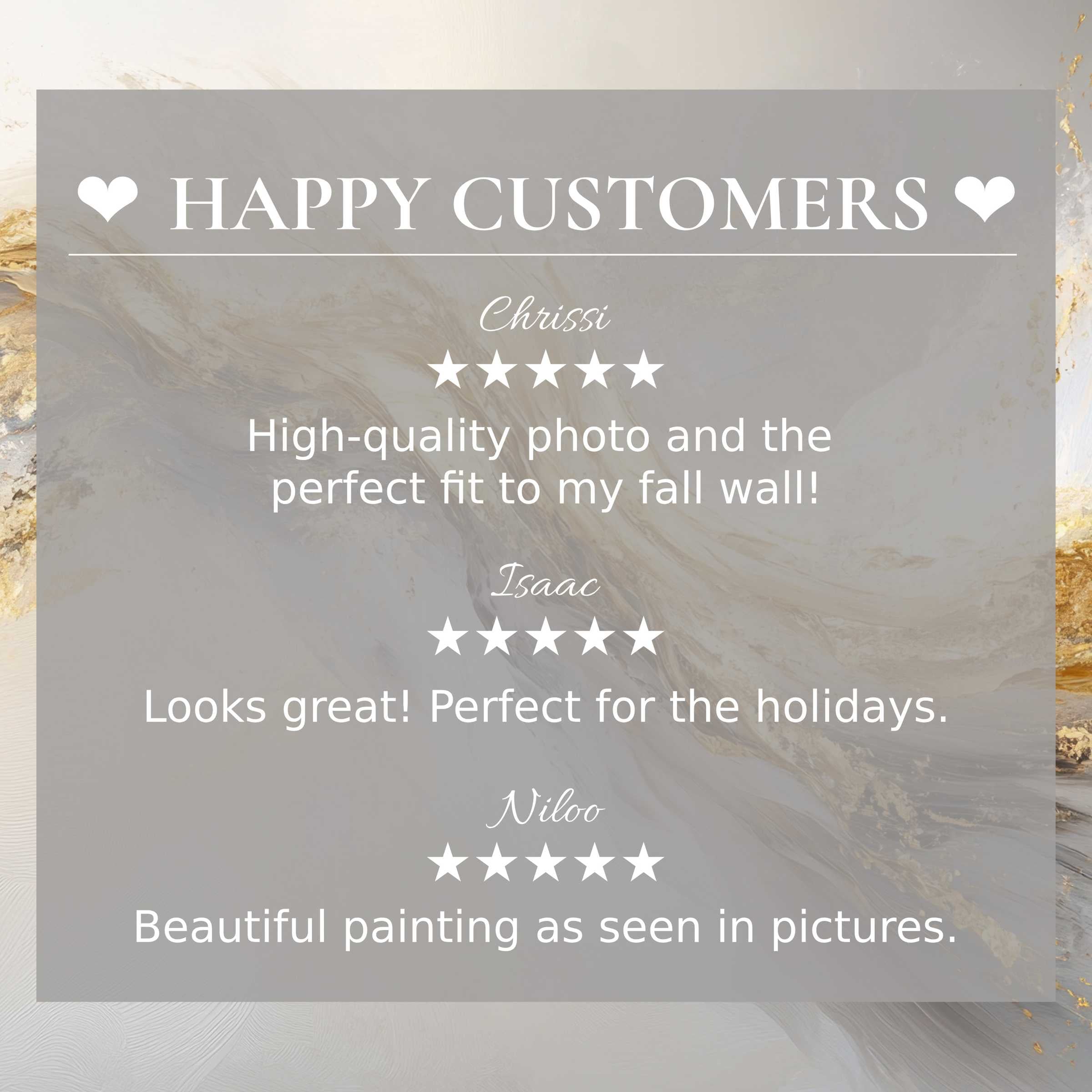 Abstract art for Frame TV with warm, swirling beige and gold tones; layout inspires trust via happy customer reviews