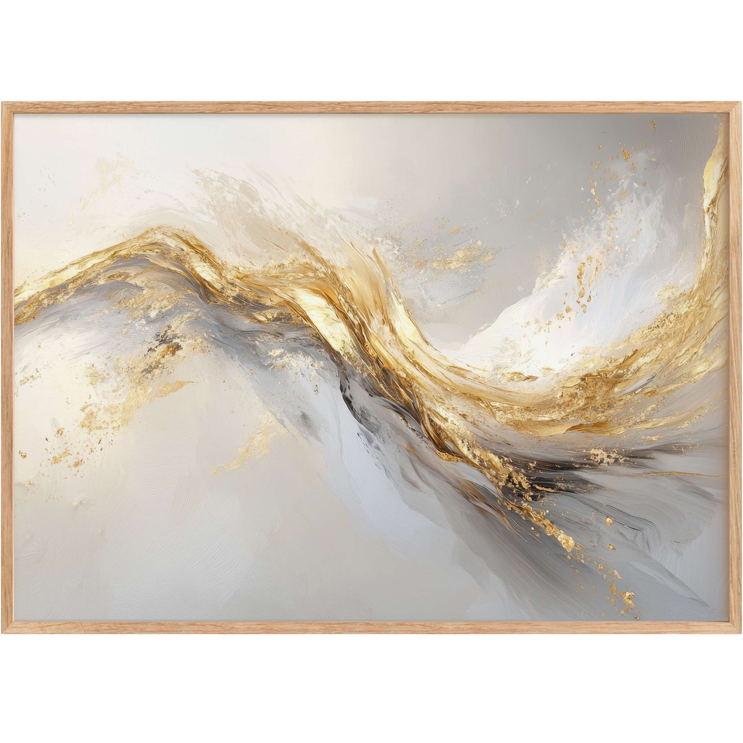 Luxurious abstract printable wall art with swirling gold and silvery hues, evoking a radiant, uplifting ambiance for refined spaces