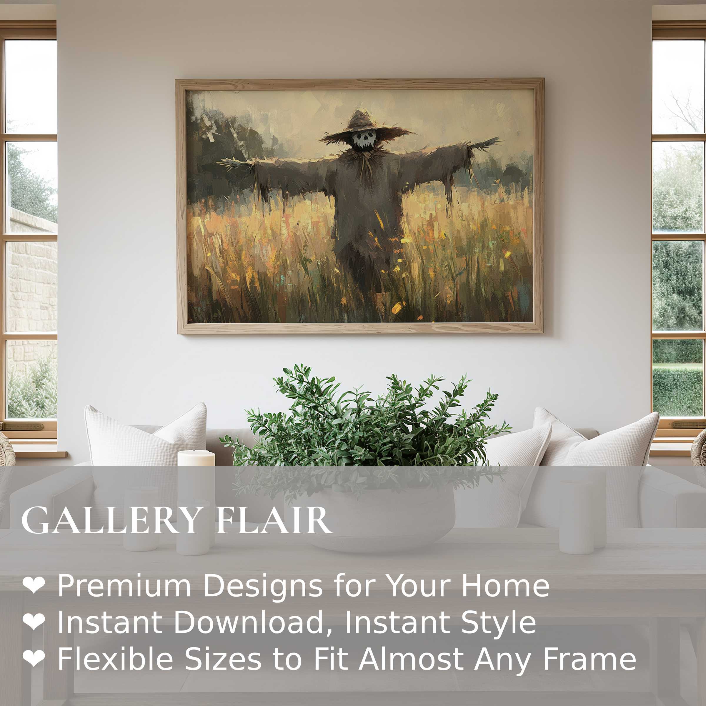 Hauntingly beautiful Halloween wall art print featuring a rustic scarecrow in a moody field, enhancing modern farmhouse interiors with eerie charm
