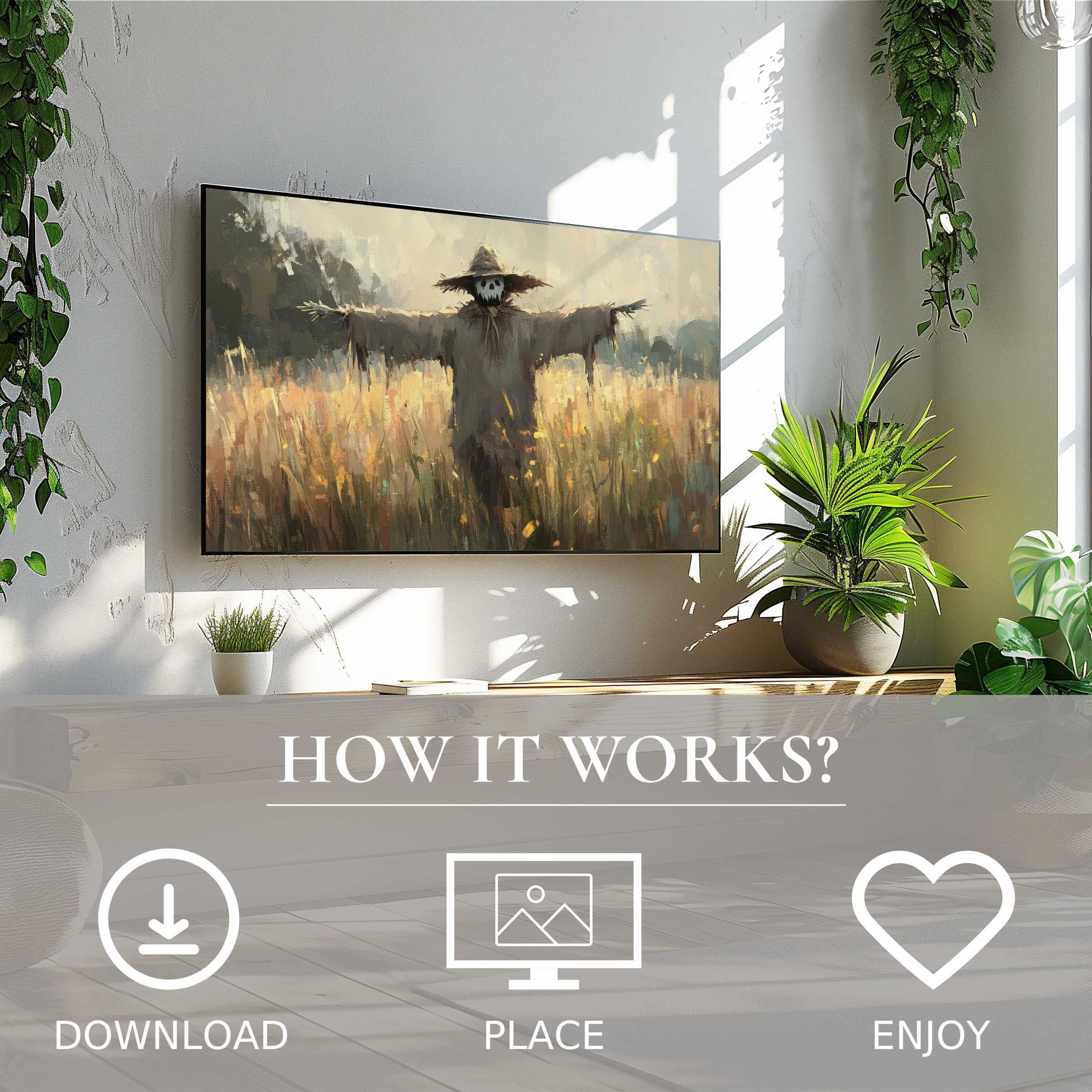 Modern living space with easy digital download; halloween art for Samsung TV features soft autumn tones and eerie scarecrow motif