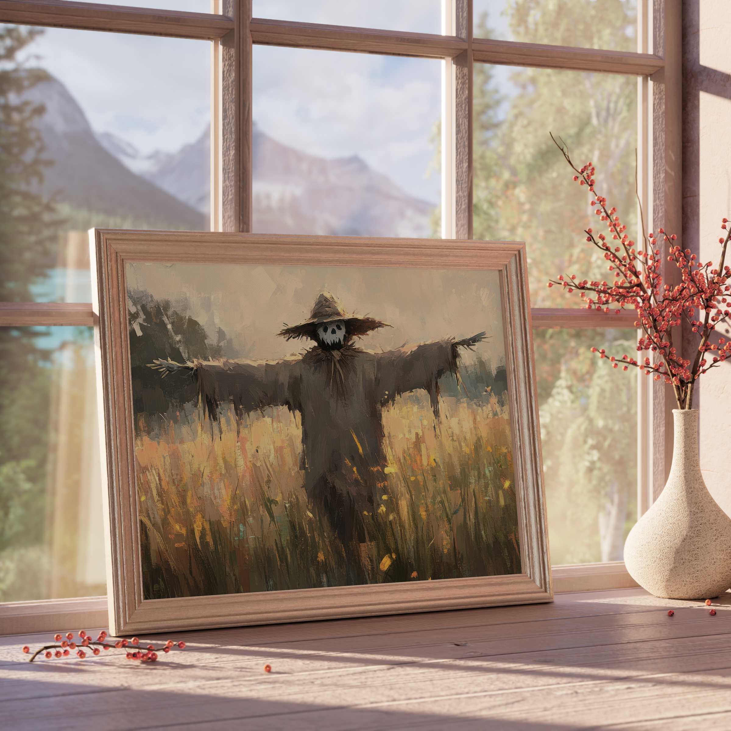 Hauntingly elegant halloween downloadable art capturing a serene scarecrow in golden fields, perfect for curated autumn interiors