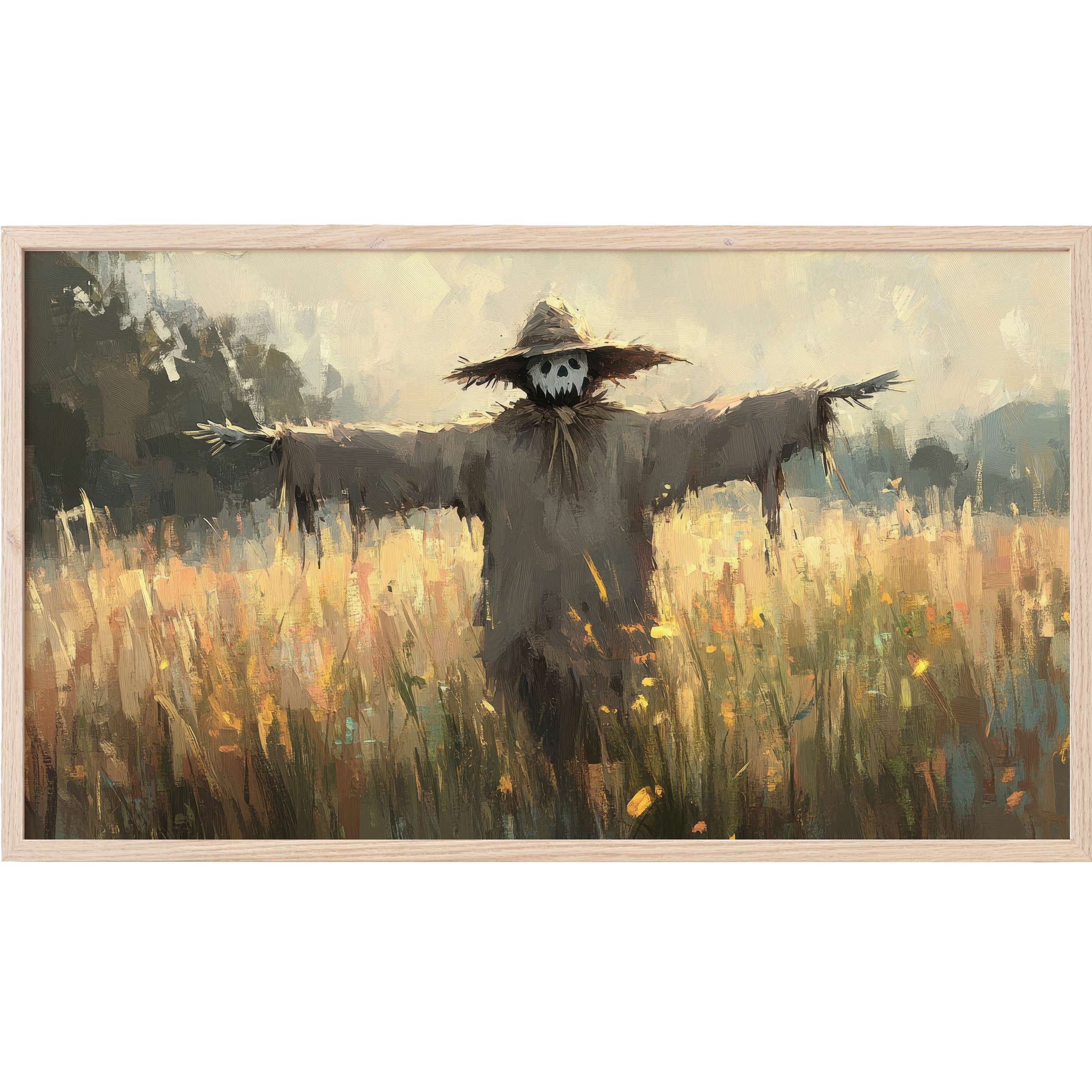 Ethereal scarecrow amid golden wildflowers captures muted earth tones in haunting halloween Frame TV Art