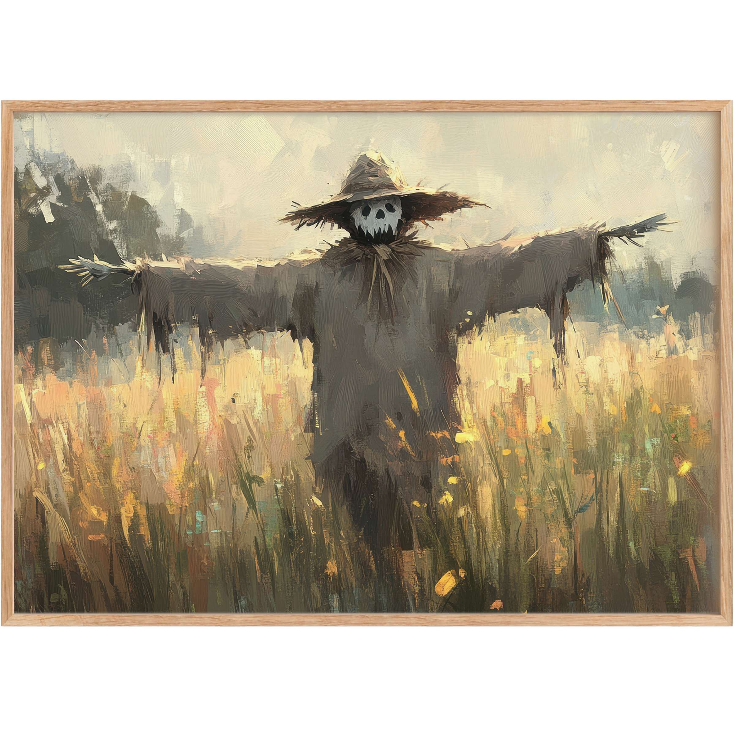 Eerie yet refined halloween printable wall art with muted earth tones and a haunting scarecrow silhouette, evoking mysterious autumnal calm