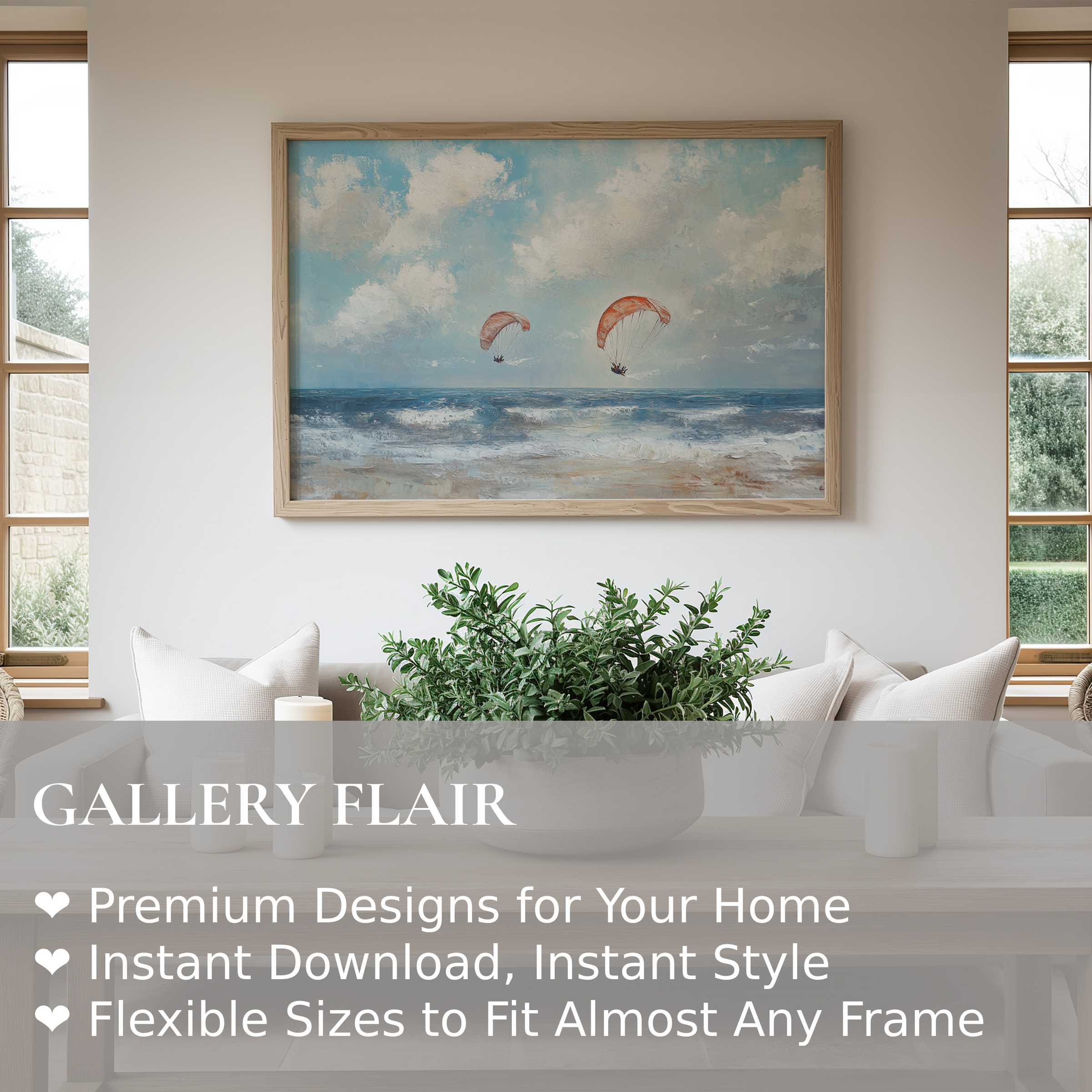 Serene beach wall art print with soft blues and warm neutrals, elevating minimalist interiors with calming coastal charm