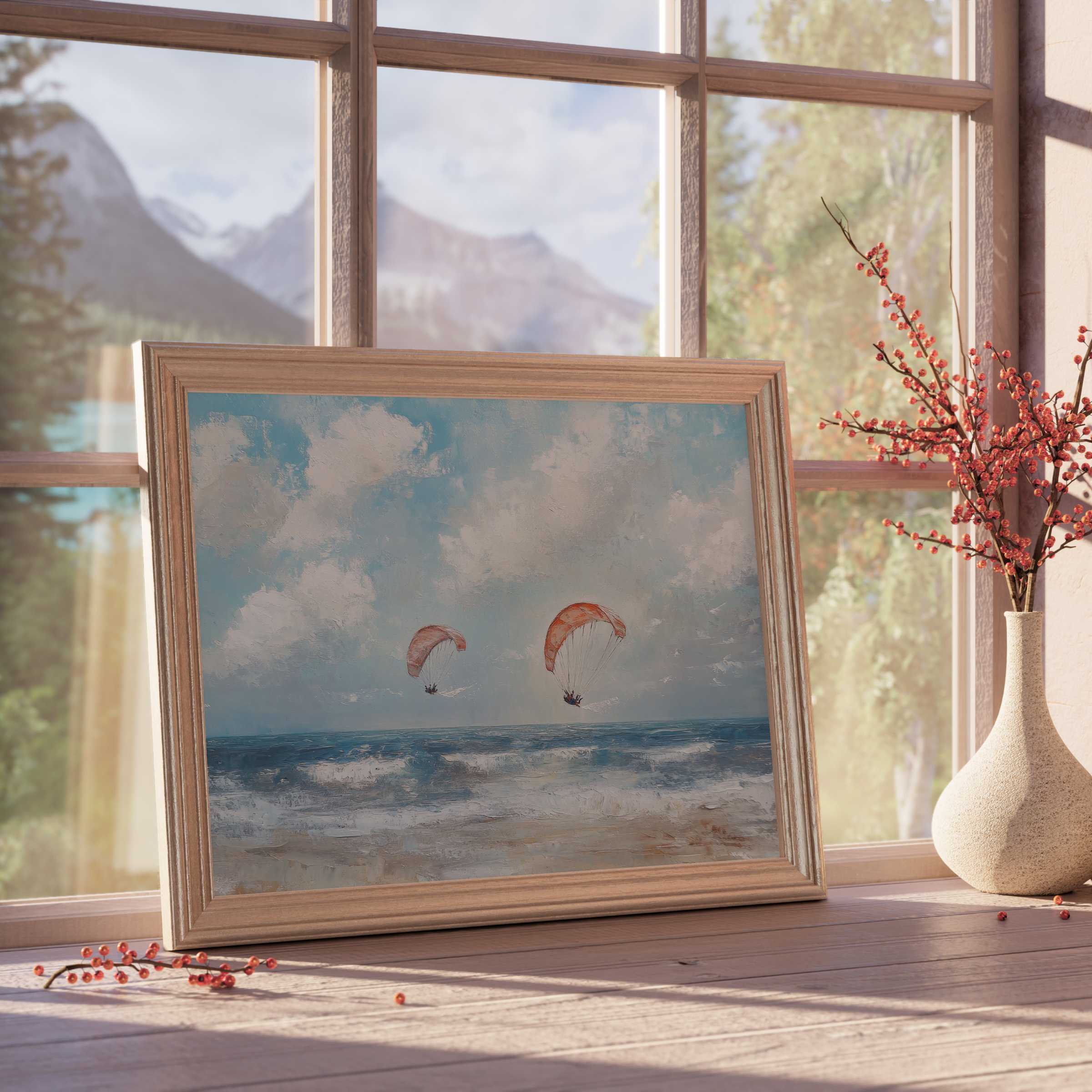 Beach downloadable art featuring serene ocean waves and vibrant kitesurfers, elevating refined, tranquil interiors with coastal elegance