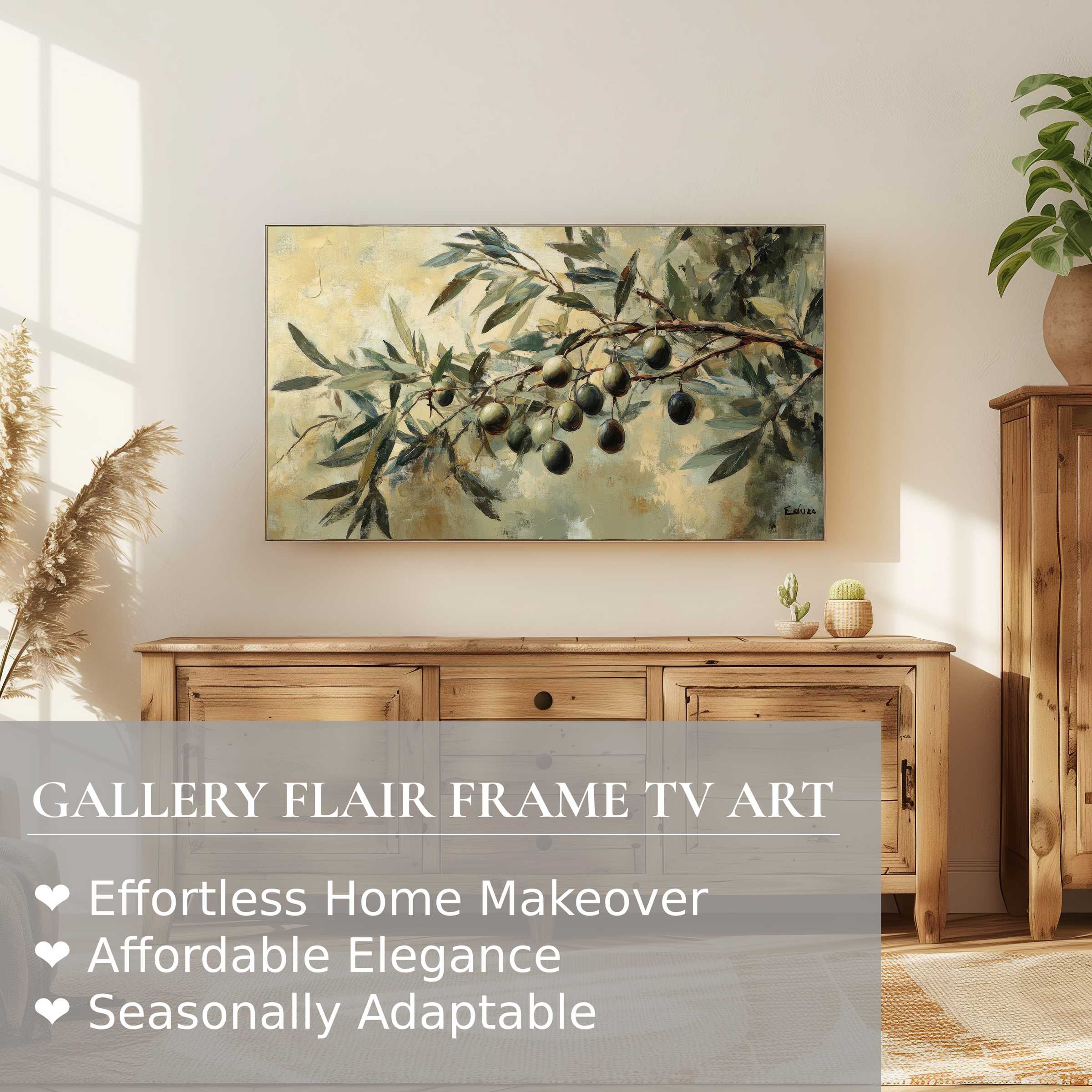 Elegant botanical digital artwork of olive branches on Samsung Frame TV in a warm, natural living space setting
