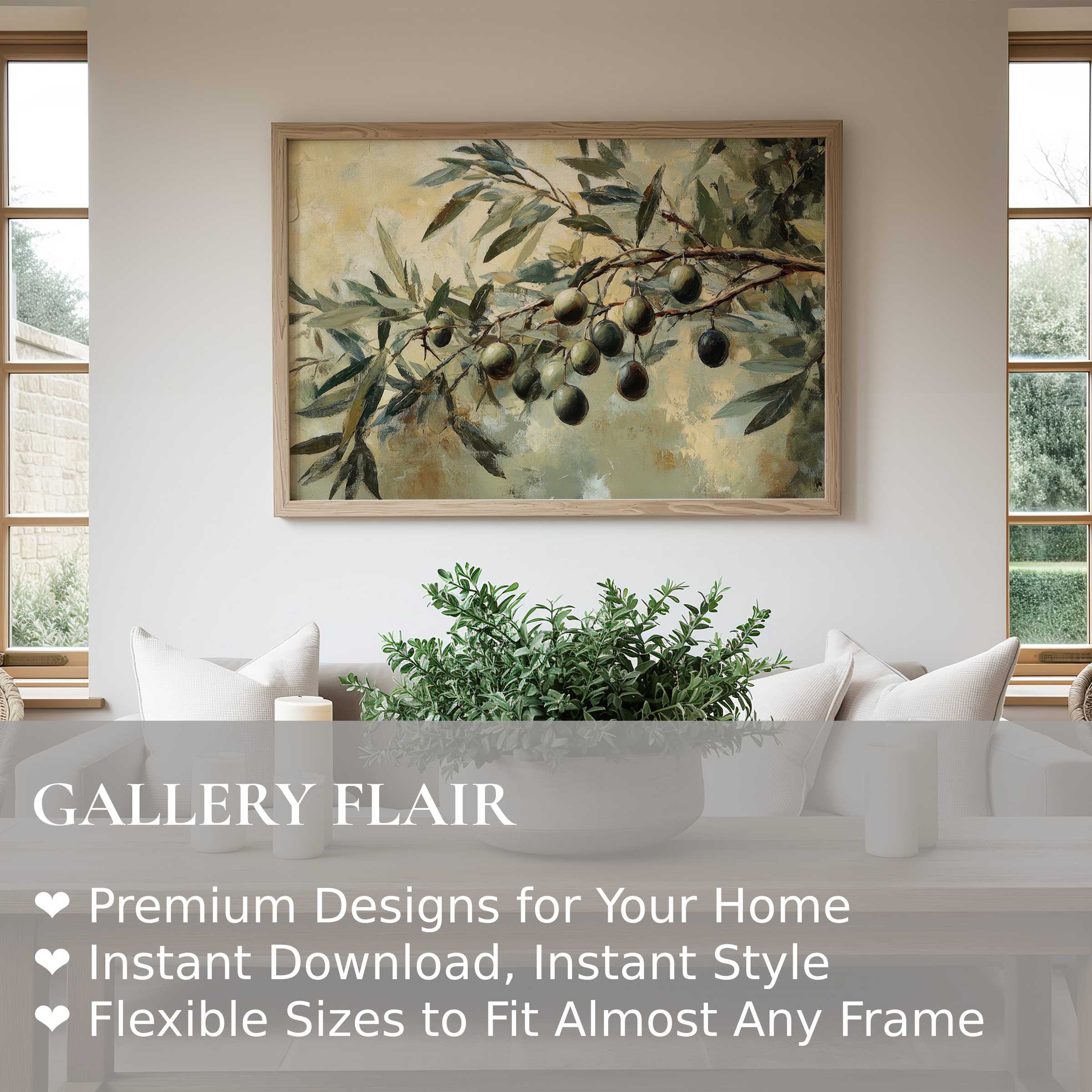 Botanical wall art print of olive branch in soft earthy tones, adding calming organic elegance to modern minimalist interiors