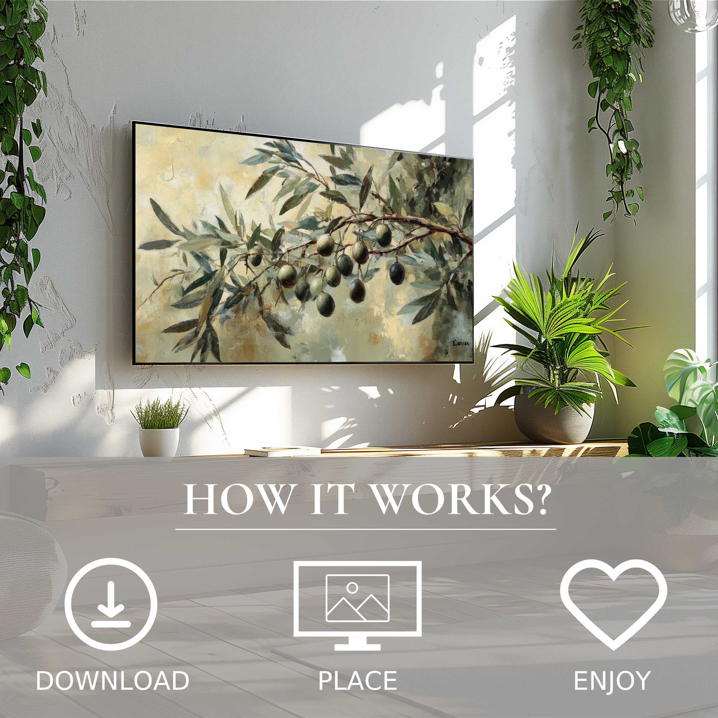 Botanical art for Samsung TV with soft olive tones, easy digital download enriching your modern living space
