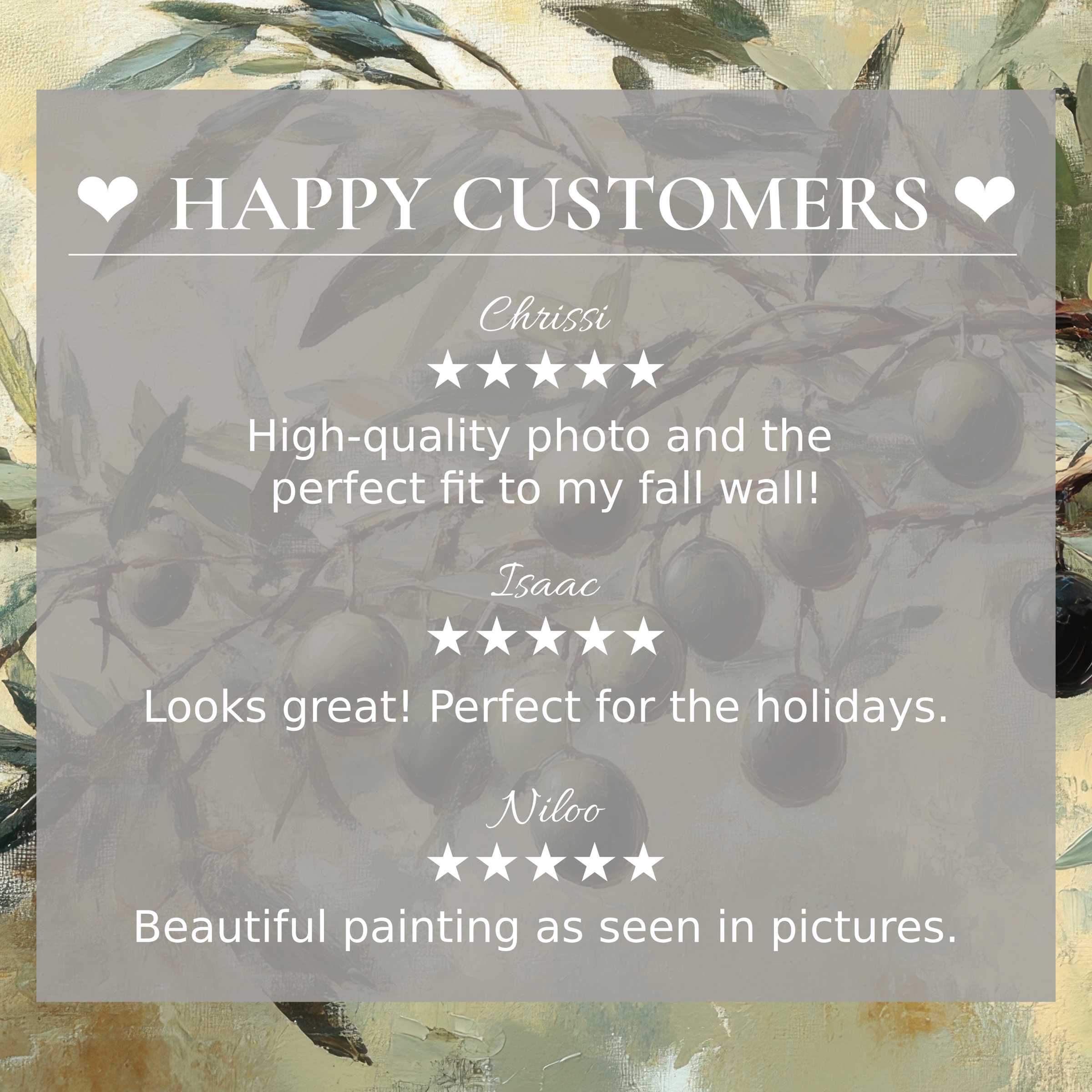 Refined botanical art for Frame TV with olive branch painting, happy customer reviews build trust and style