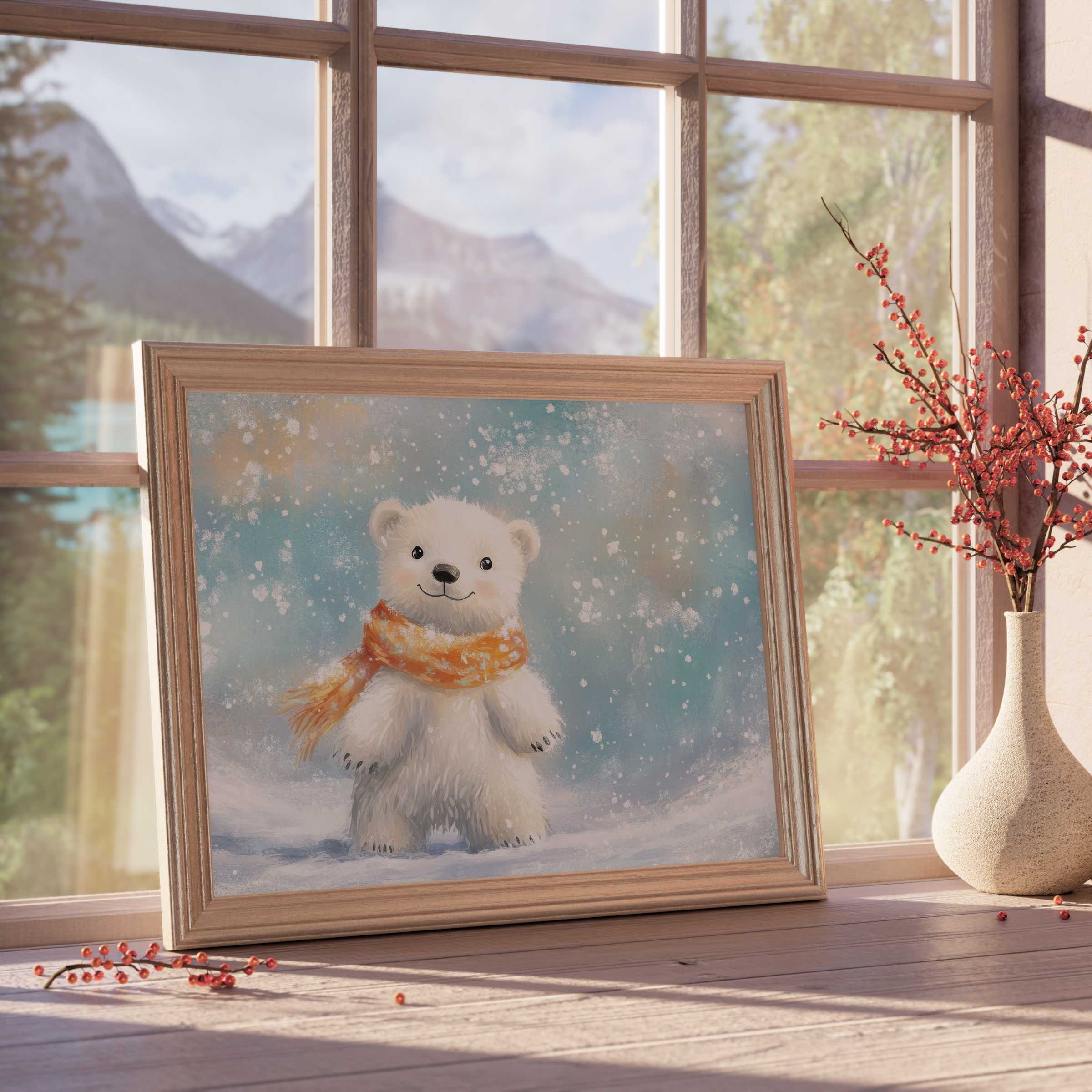 Nursery downloadable art featuring a charming polar bear in a cozy scarf, adding warmth and whimsy to serene, stylish interiors