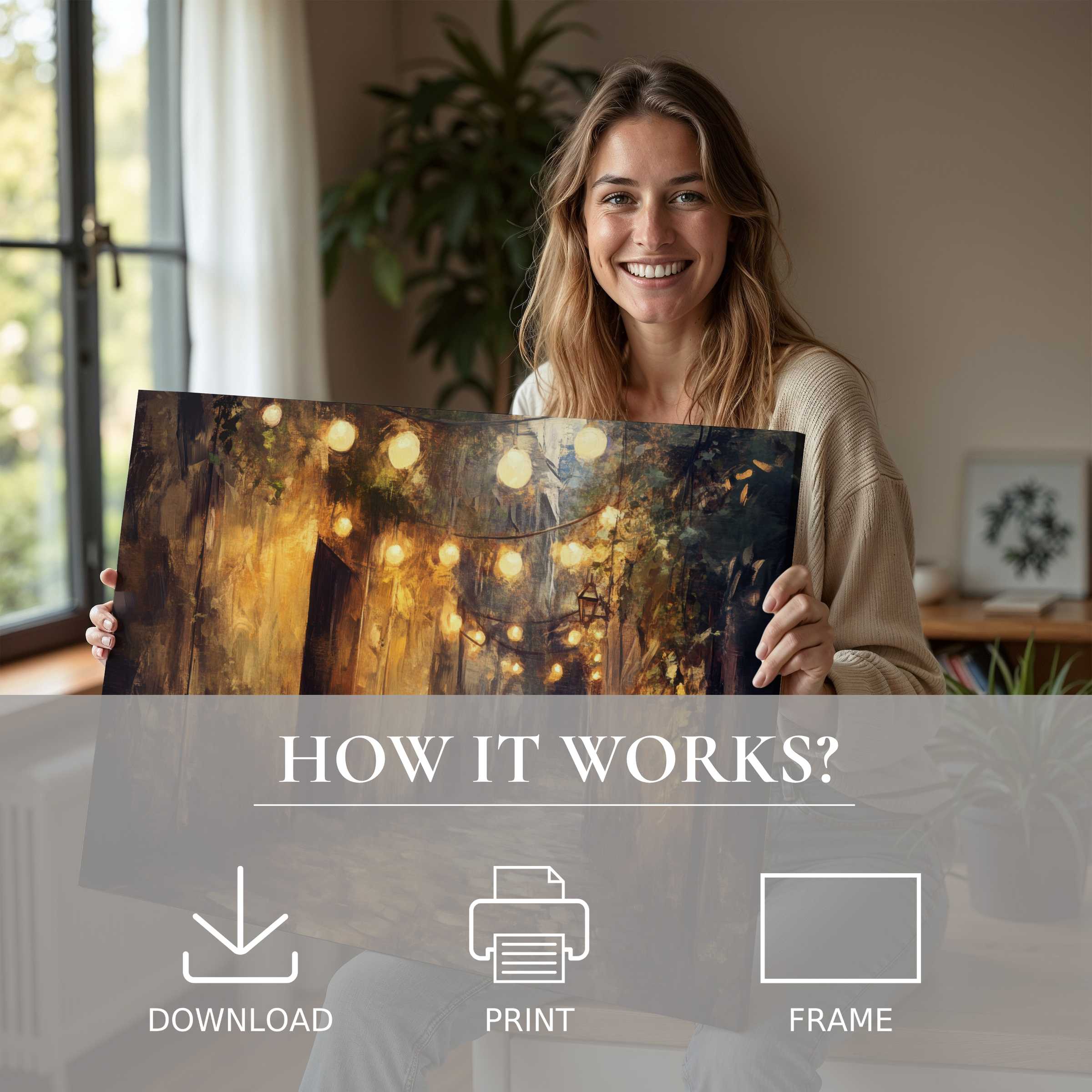 Radiant urban digital art print illuminating a peaceful moment, inspiring effortless elegance in stylish home living