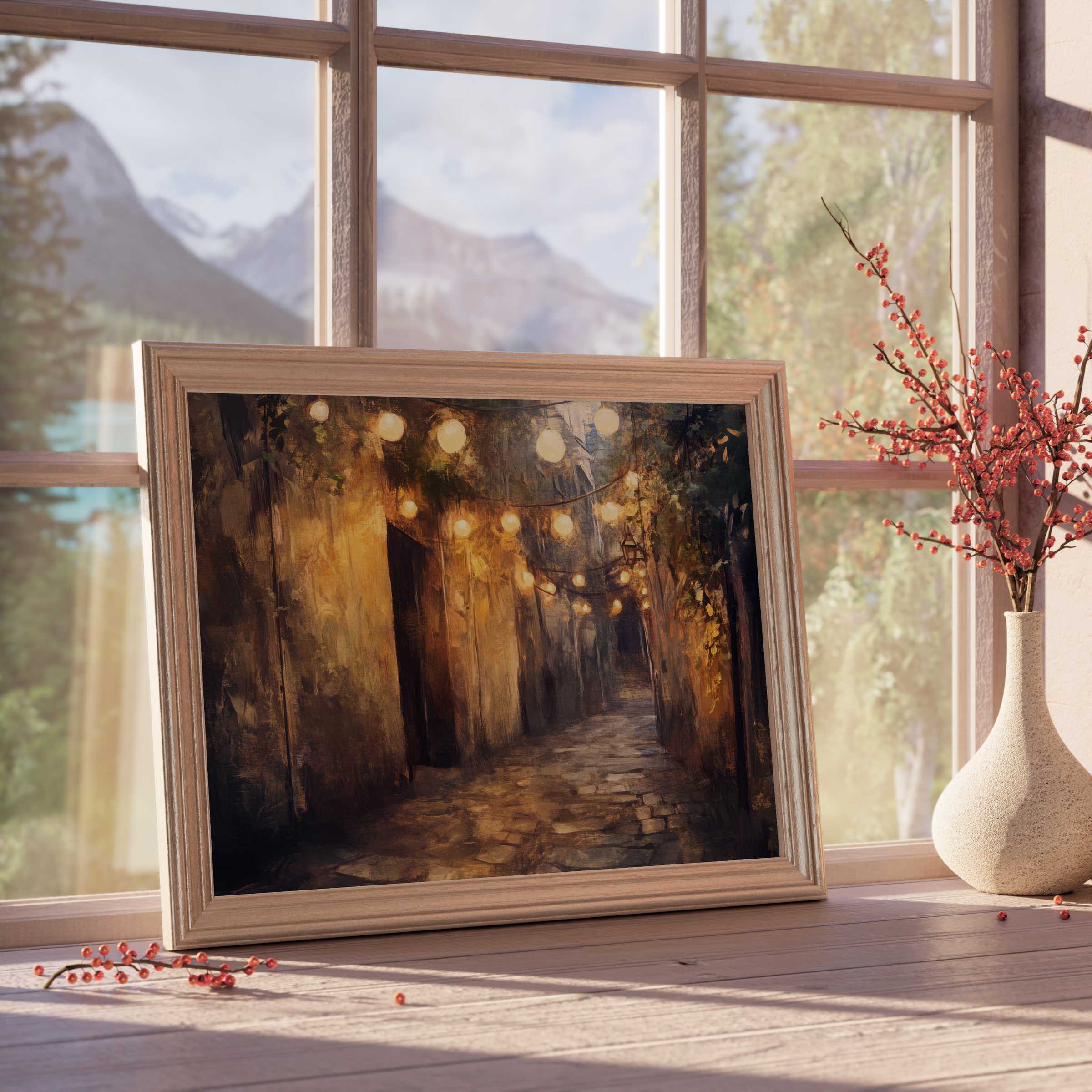 Urban downloadable art capturing a warm, ambient alleyway with glowing lights, perfect for curated, tranquil interiors