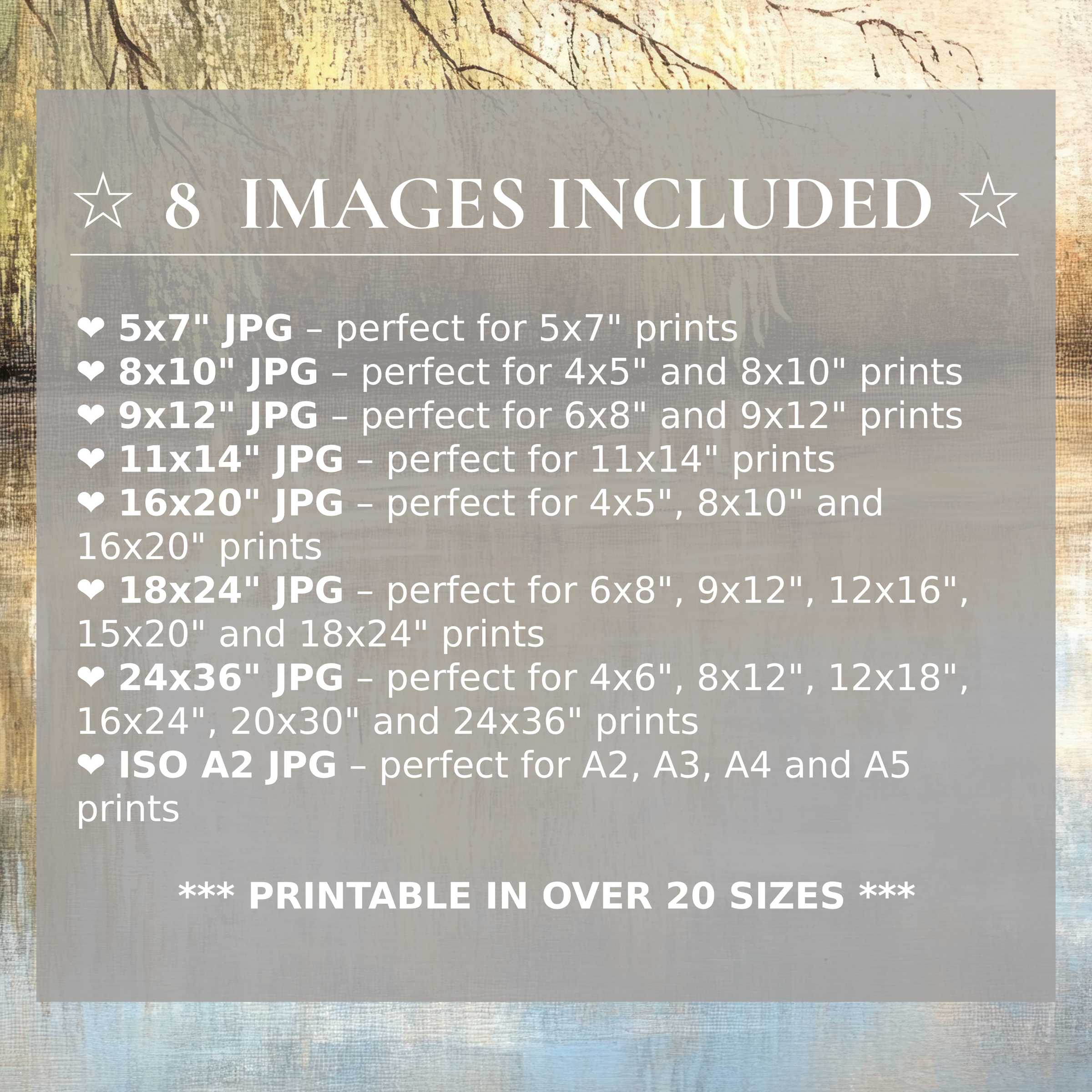 Print size guide showing 8 included JPG formats for versatile wall art printing – perfect for framing in popular sizes from 5x7 to 24x36 and A2