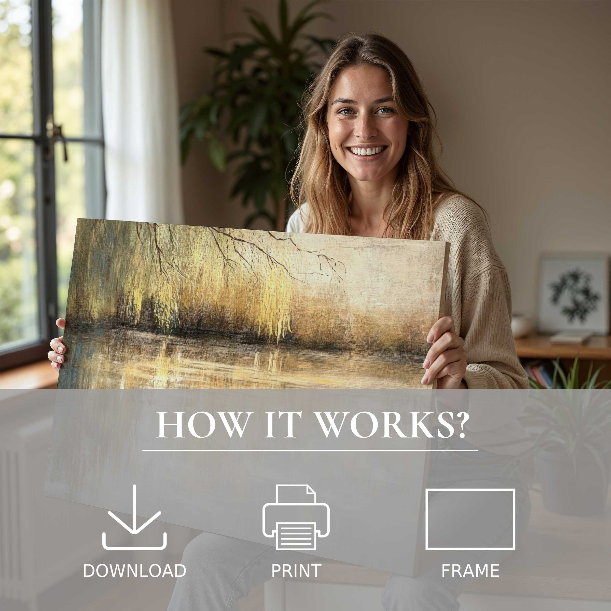 A radiant woman in a serene home celebrates the timeless beauty of a tree digital art print, evoking warmth and joyful connection