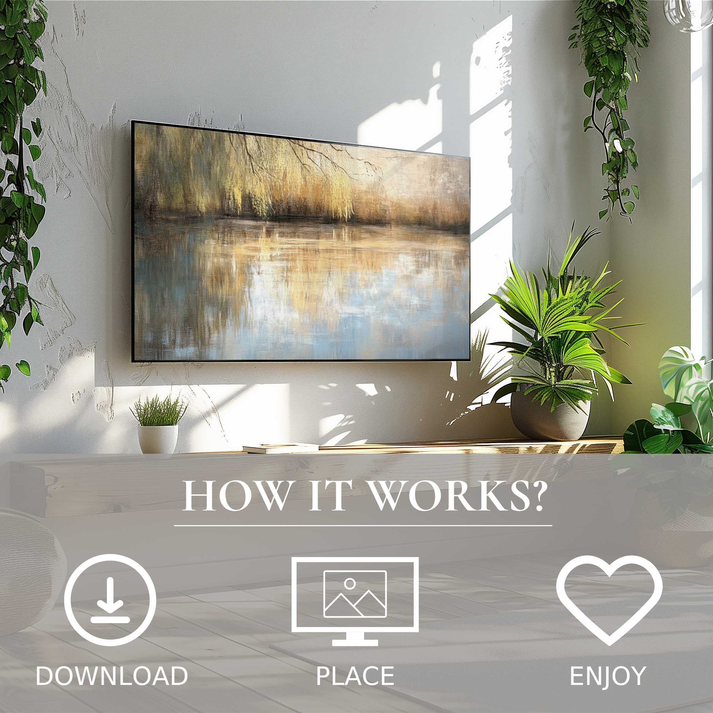 Minimalist living space with easy digital download tree art for Samsung TV in soft sunset tones enhancing calm