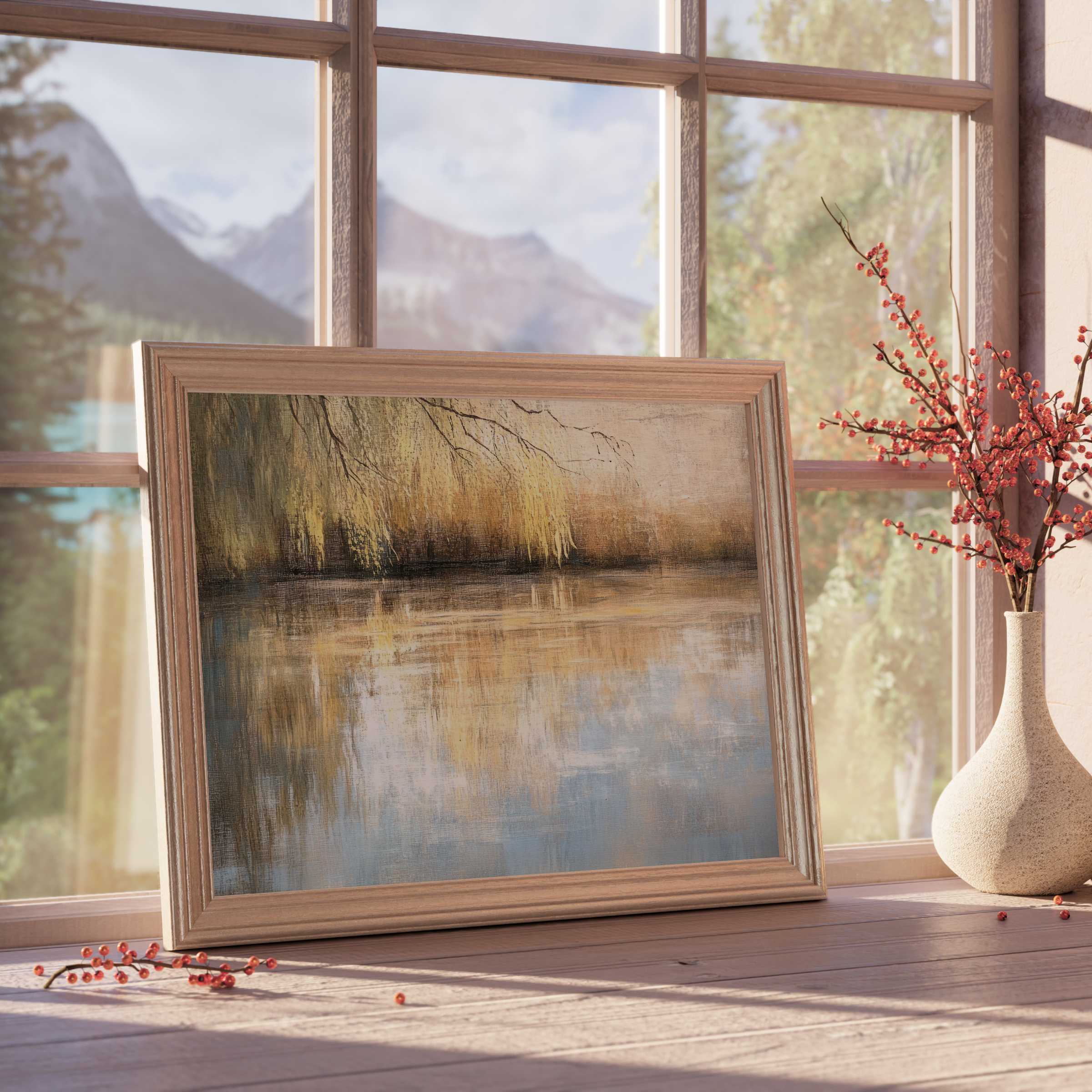 Serene tree downloadable art capturing golden light and soft reflections, elevating tranquil, curated modern interiors with natural warmth