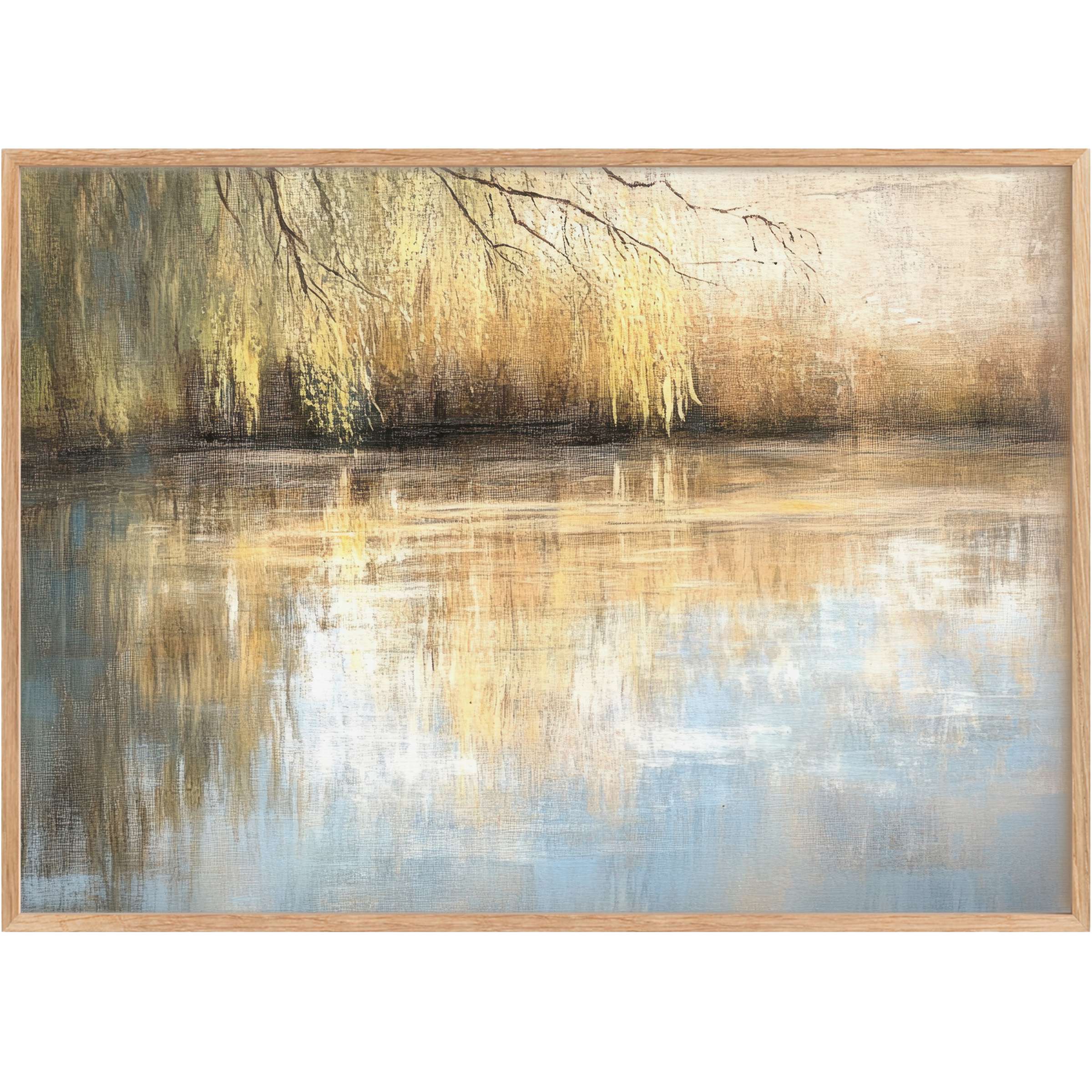 Serene tree printable wall art featuring golden willow branches reflected in soft blue waters, evoking tranquil elegance and warmth