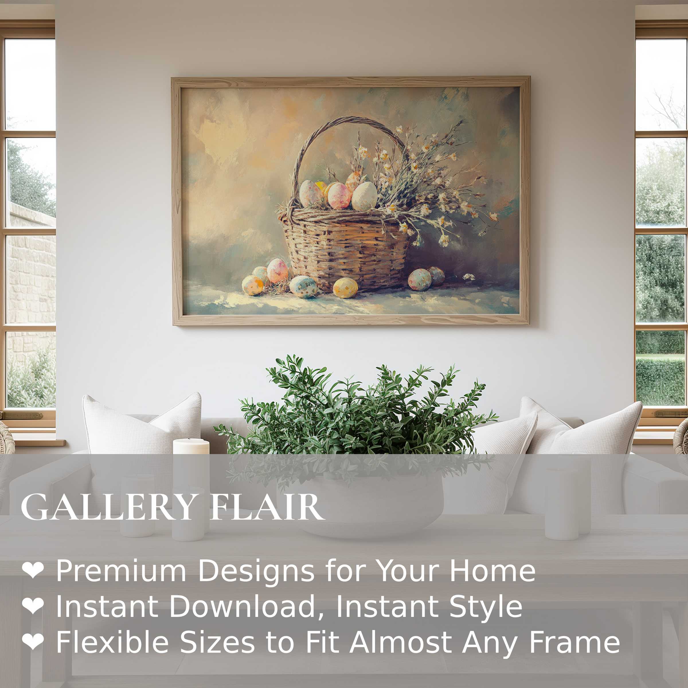Easter wall art print featuring a serene basket of pastel eggs and wildflowers, enhancing modern farmhouse interiors with soft, calming elegance