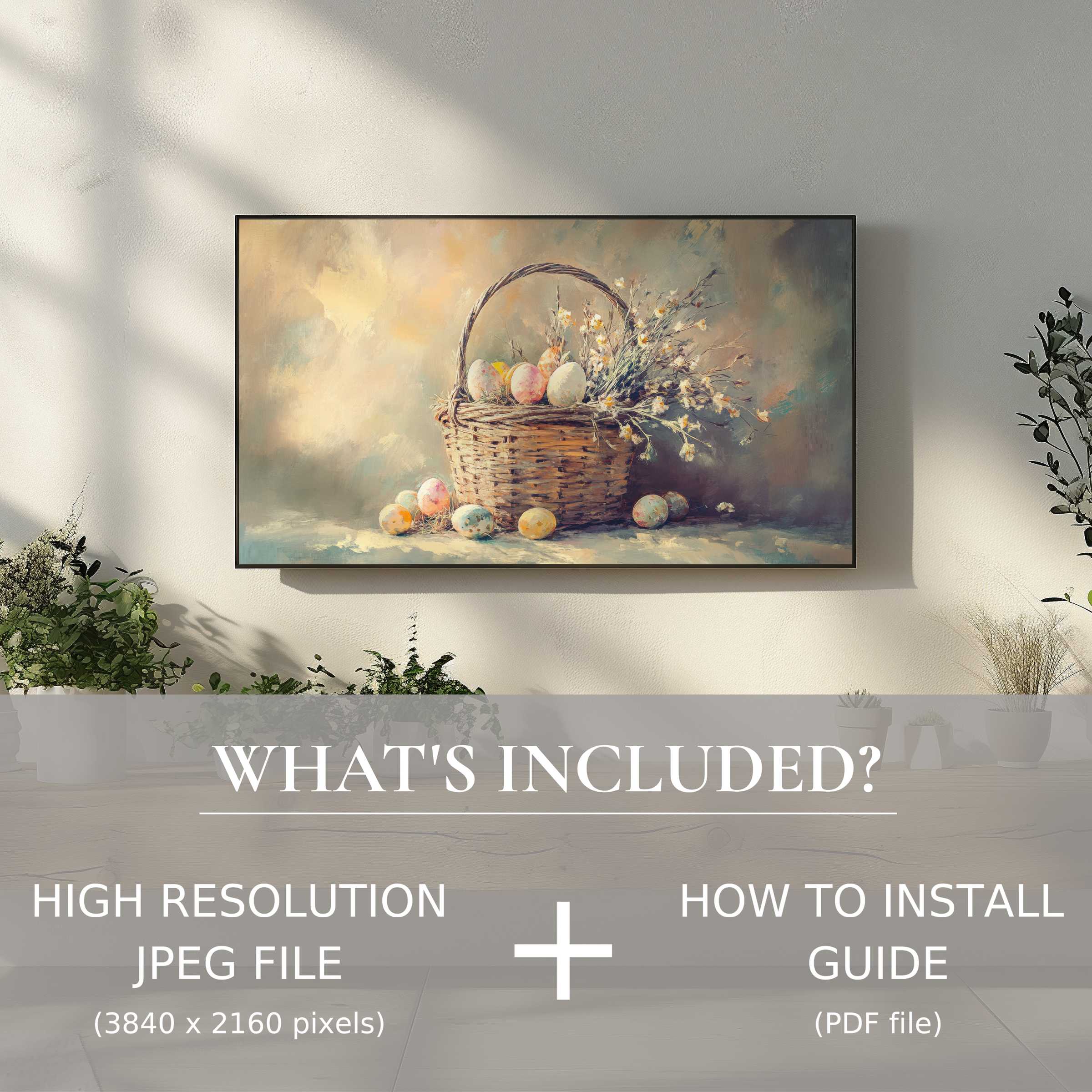 Elegant living room with easter digital TV art download, enhancing the space with easy digital use and refined decor
