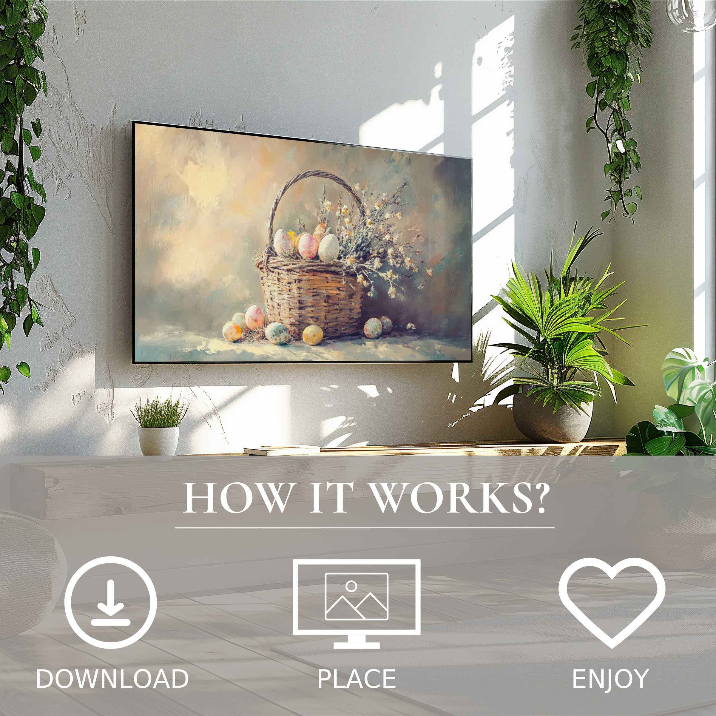 Easter art for Samsung TV shows pastel eggs and florals in soft light, easily downloaded to enrich modern living spaces