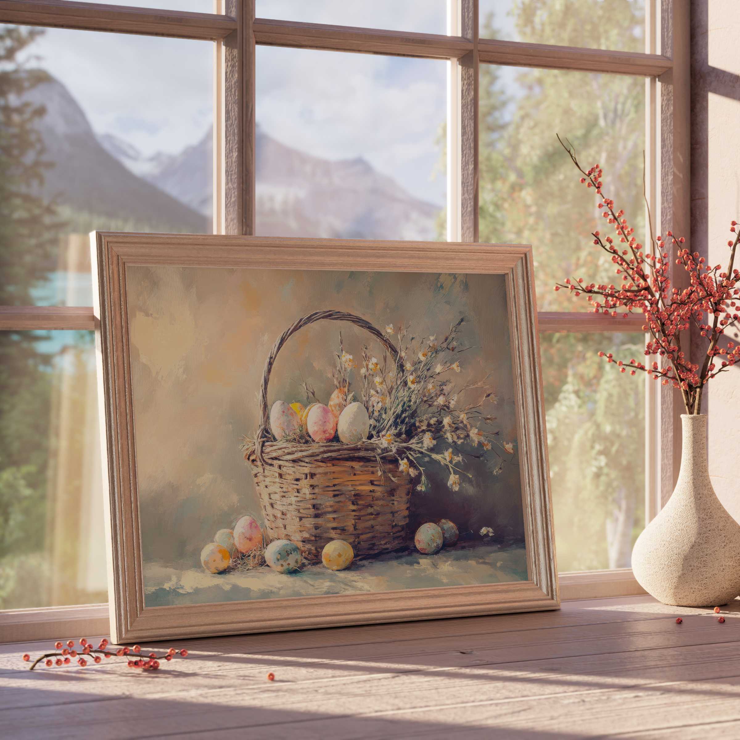 Easter downloadable art featuring a serene basket of pastel eggs and wildflowers, perfect for curated, tranquil interiors